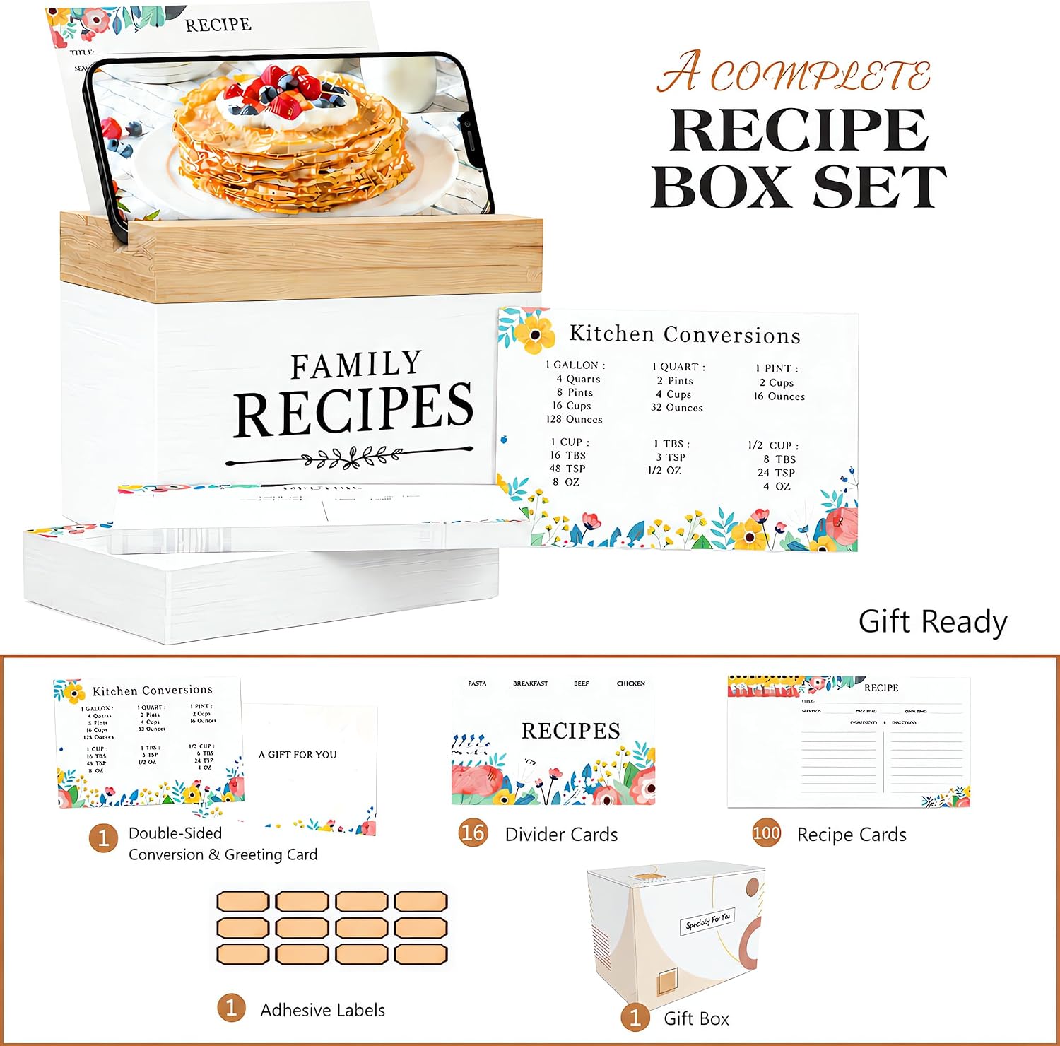 feasteery Wooden Recipe Box with 100 Recipe Cards 4x6,16 Dividers, White image 2