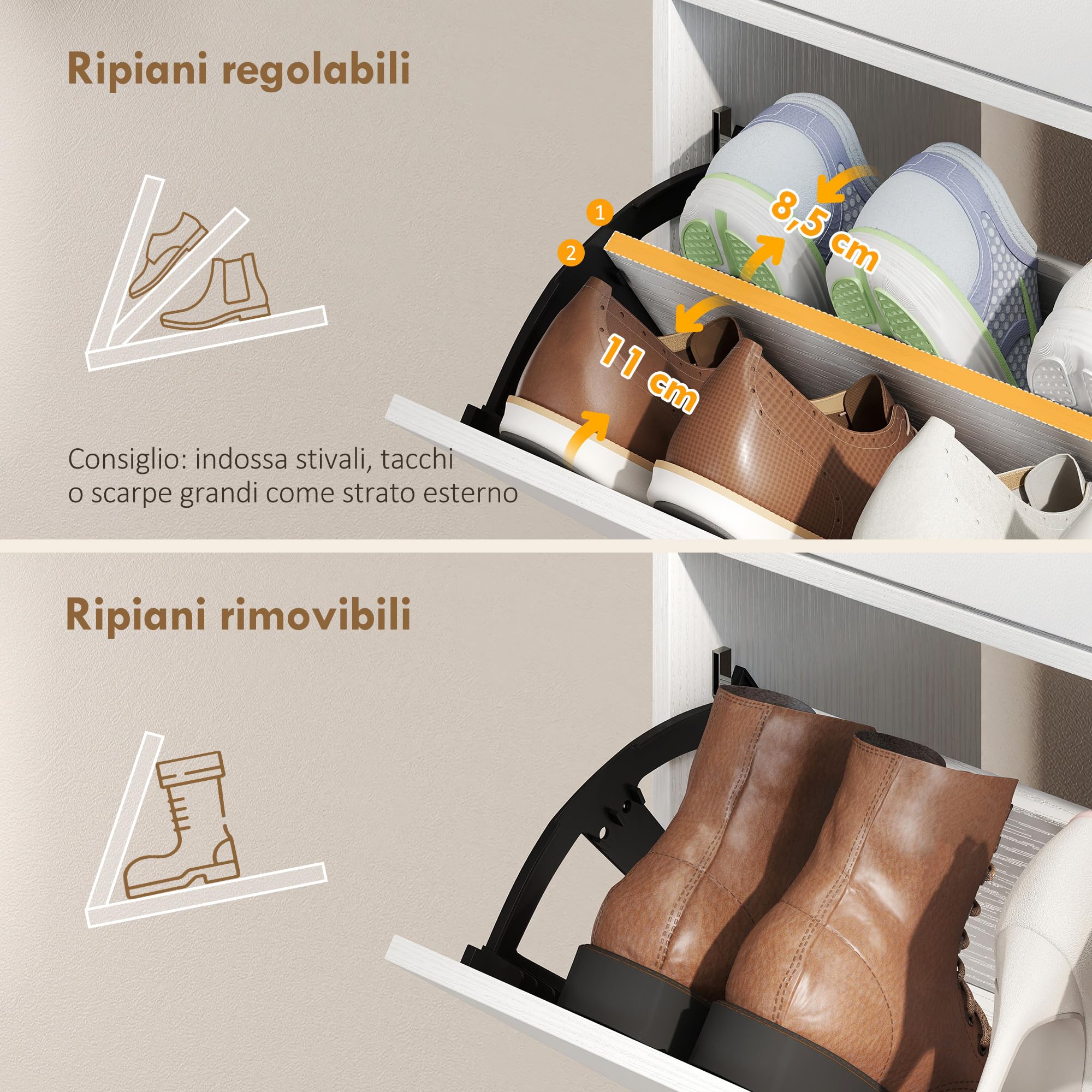 HOMCOM Scarpiera Salvaspazio Slim con Ante a Ribalta Effetto Pelle e Armadietto, Scarpiera Ingresso con Ripiani Regolabili, Base Rialzata, Porta Scarpe per 12 Paia con Maniglia, Bianco