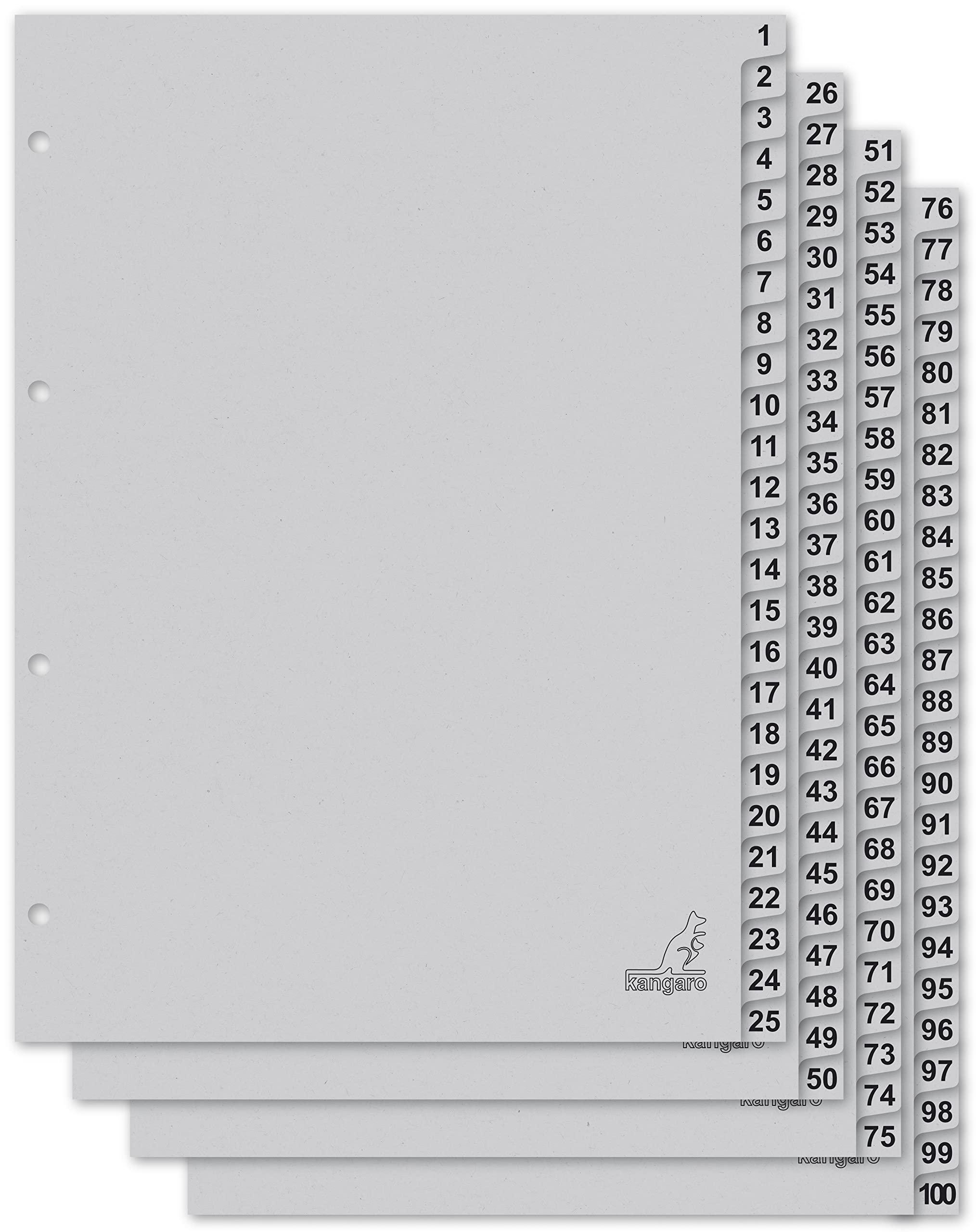 Kangaro Card Index A4 Numbers 1-100. 180 g/m² Recycled Grey FSC Card - Pack of 100