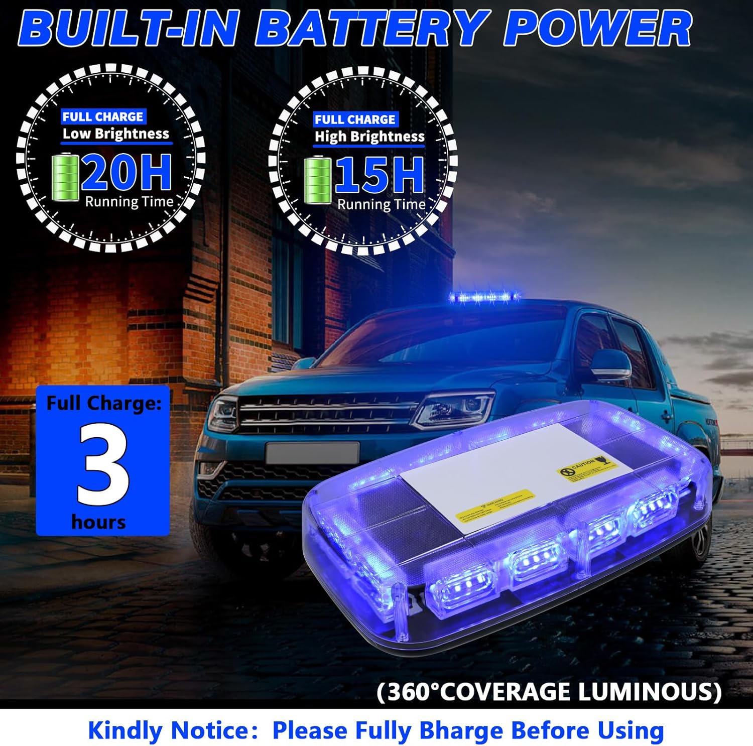 Rechargeable Blue Emergency Roof Top Strobe Light Wireless Battery, 48LED 17 Flashing Modes,High Low Brightness,Hazard Traffic Lights w/Magnetic Base, Remote Control for Construction Vehicles