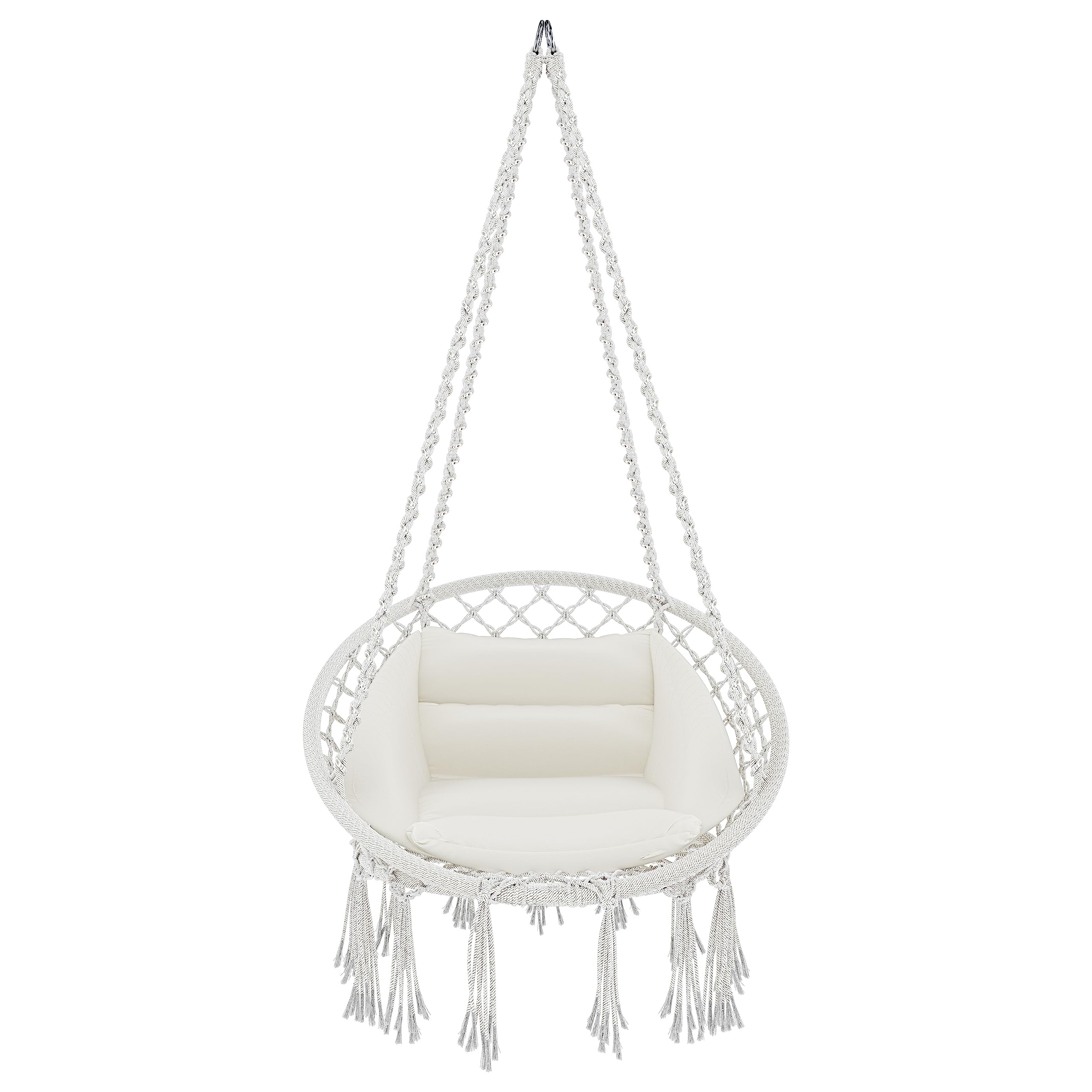 BRICOZONE Poltrona Sospesa Pensile Da Giardino Con Corda In Cotone Effetto Macramè Cuscino Sedia Dondolo Amaca Con Seduta Imbottita Esterno Terrazzo Design Moderno Fino A 160 Kg (Beige)