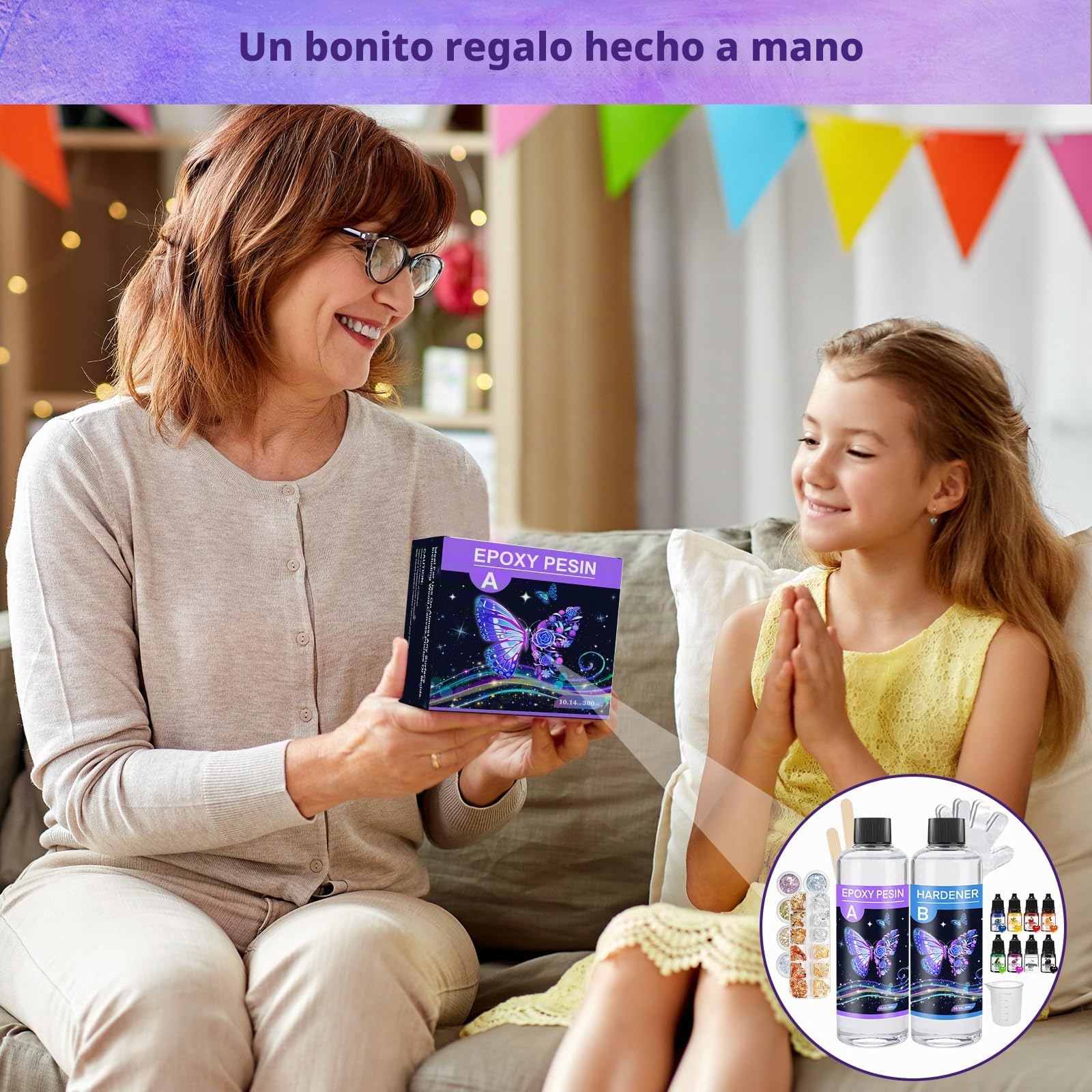 Kit Resina Epoxi Transparente 600ml,Resina Epoxi Kit Fabricación,Resina Epoxi Manualidades con Purpurina, Pigmento, para Bricolaje,Artesanía, hacer Colgante,Llavero