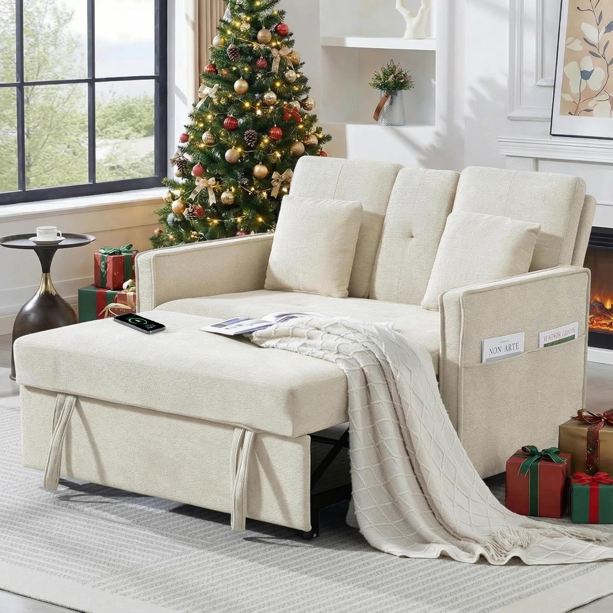 Convertible Sofa Bed, 3-in-1 Sleeper Sofa with Pull-Out Bed, Chenille Couch Folding Loveseat, USB Ports & Adjustable Backrest, Modern Loveseat for Living Room, Apartment, Beige