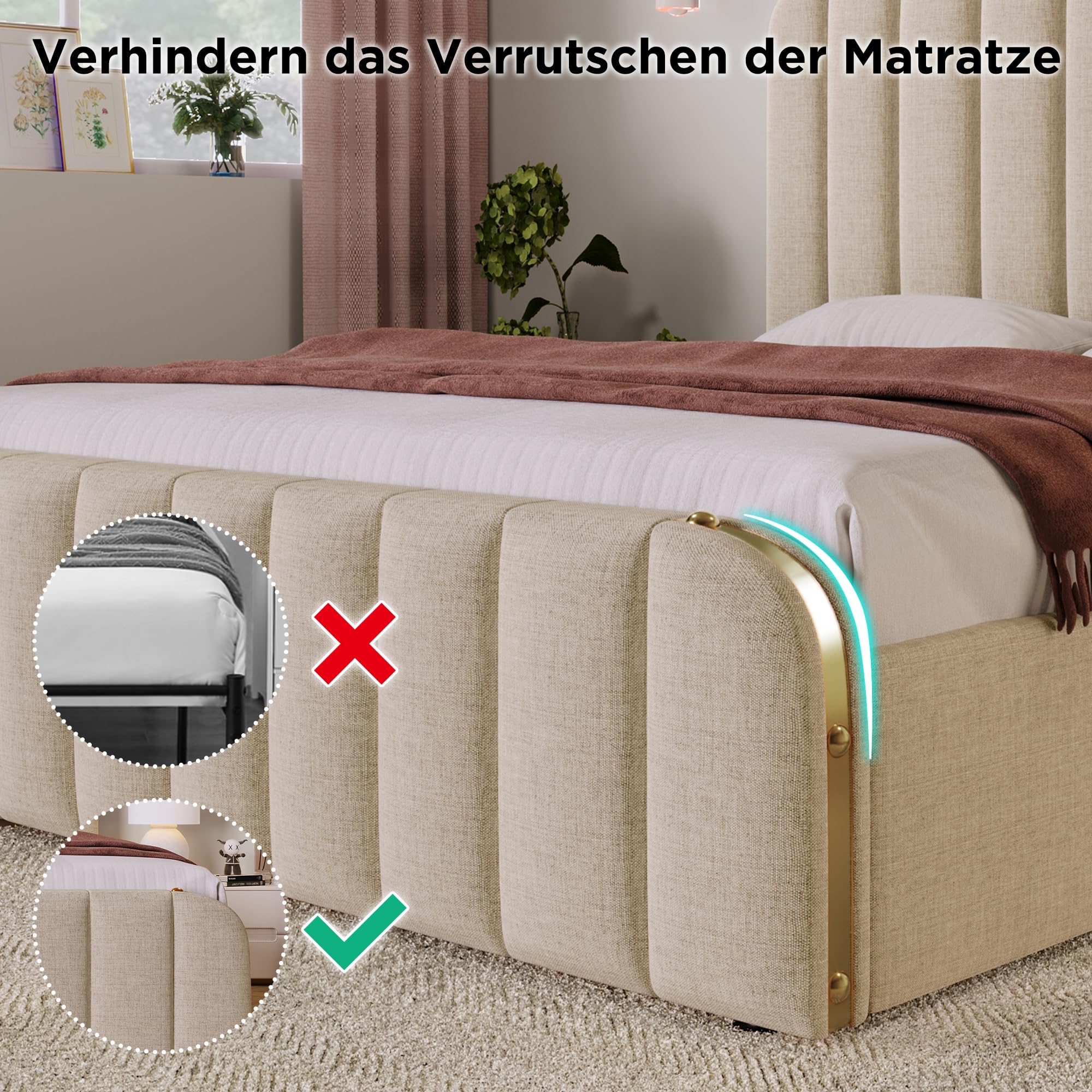 Letto matrimoniale imbottito,testata imbottita con finiture dorate e ricarica USB Type-C,180x200cm,tessuto di lino beige,letto contenitore idraulico,senza materasso