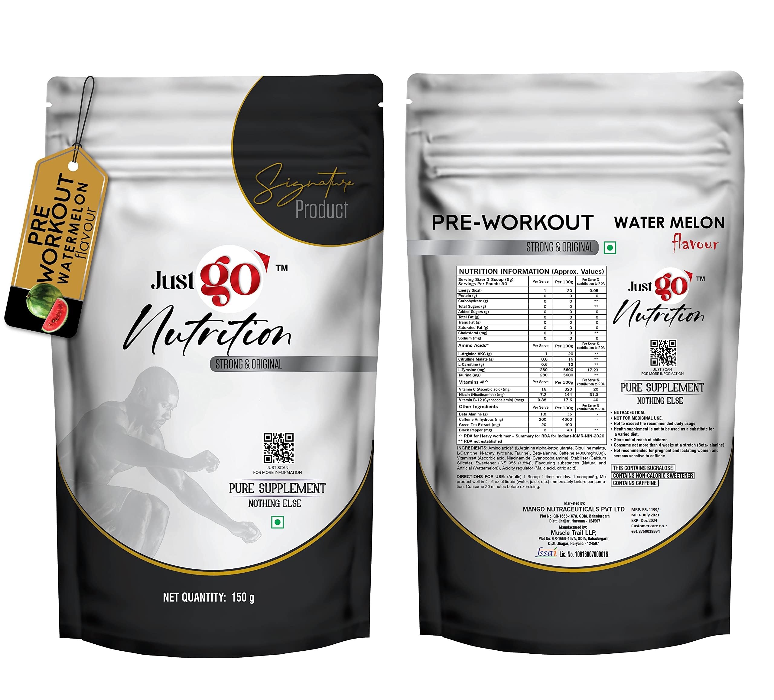 JUST GO NUTRITION Pre workout | (30 servings) 150g (Watermelon) (IMPORTED INGREDIENTS)