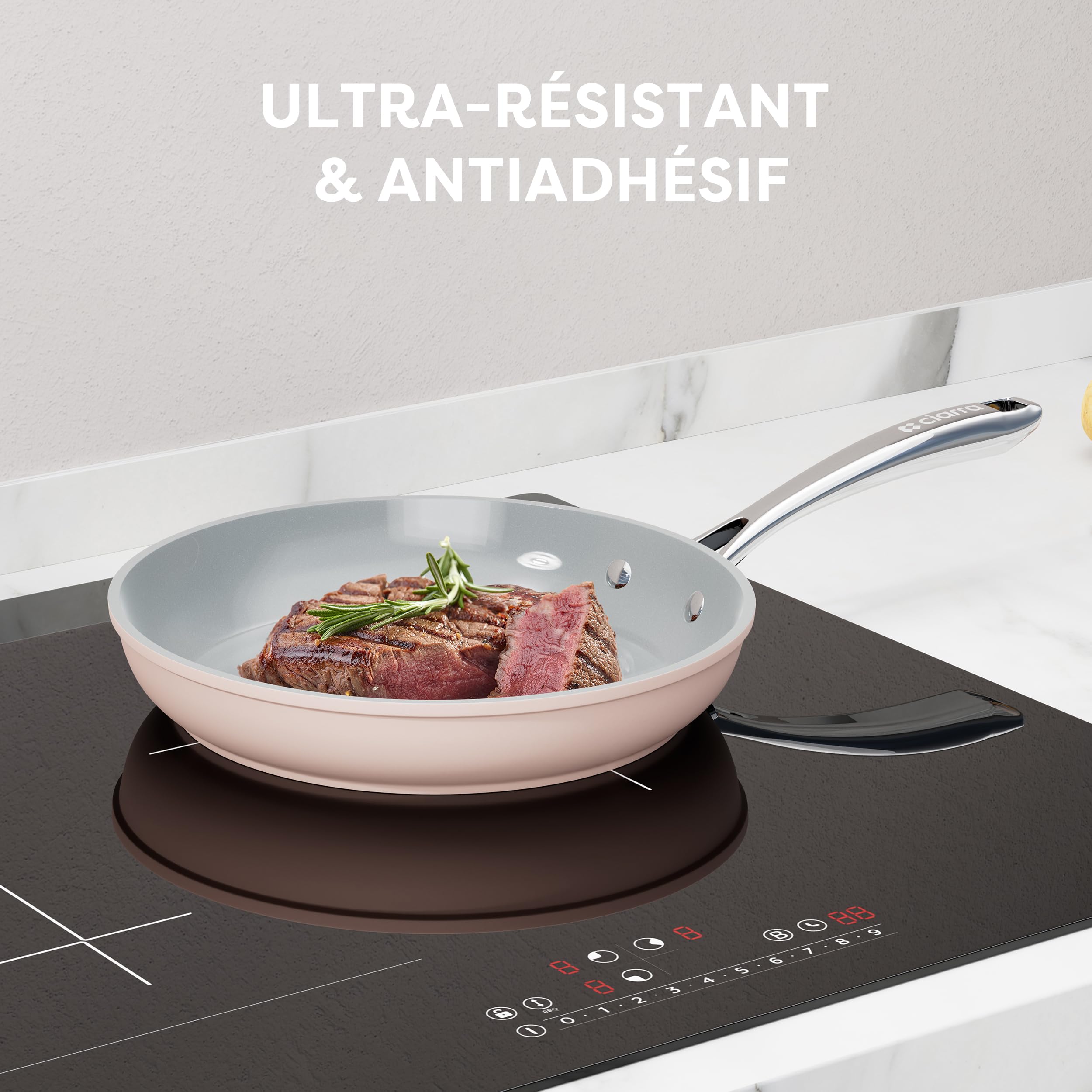 Ciarra Beyond - Batterie de Cuisine - Set de 4 Pièces - Poêle à Frire 26cm - Sauteuse 28cm/4.2L- Cocotte 24cm/5.9L - Casserole 20cm/ 2.8L - Revêtement Antiadhésif - Tous Feux dont Induction-Rose