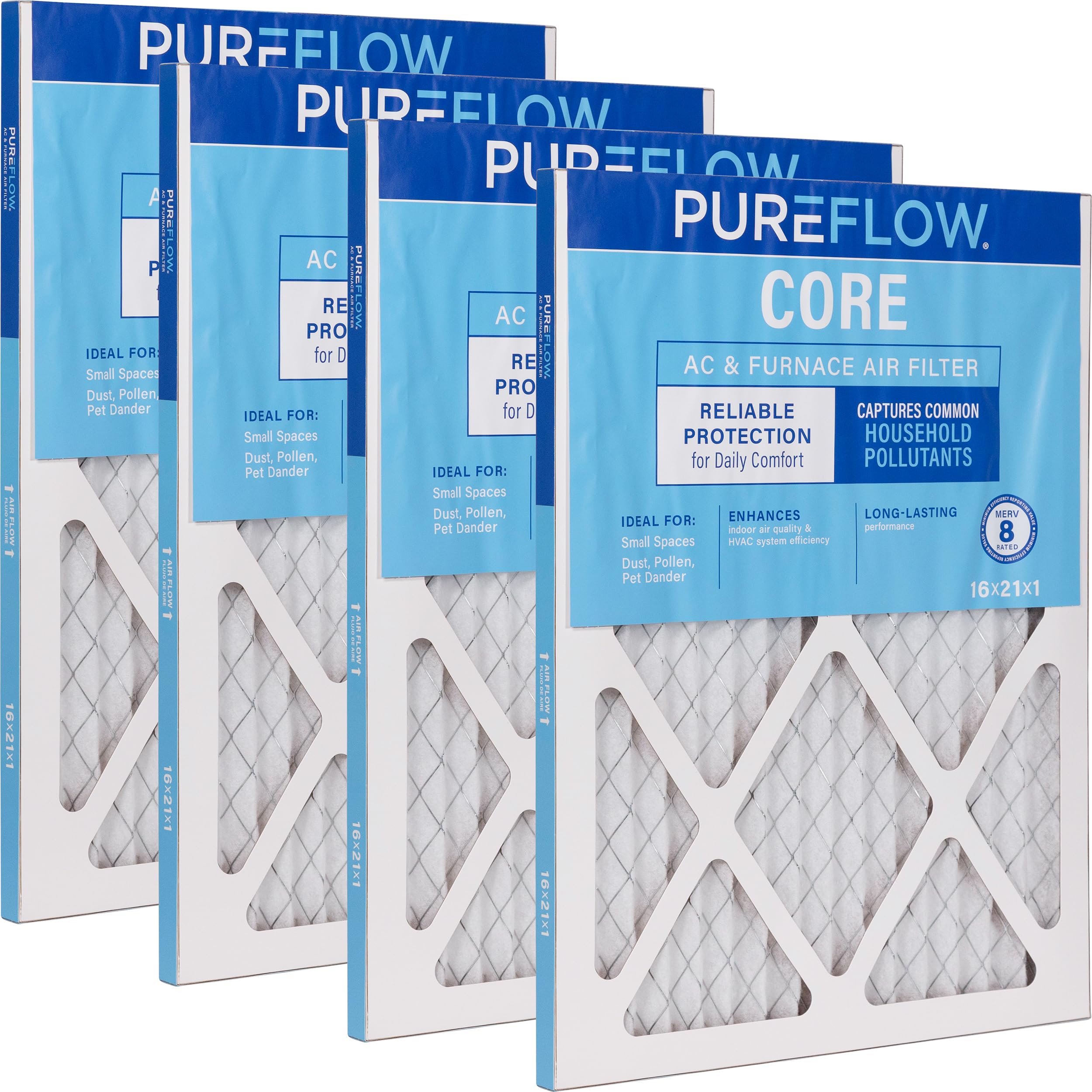 PUREFLOW Home Air Filter MERV 8, 16x21x1 Furnace Filter, 4 Layer High Efficiency Filtration for Dust, Smoke, Fumes, Pollutants (4-Pack)