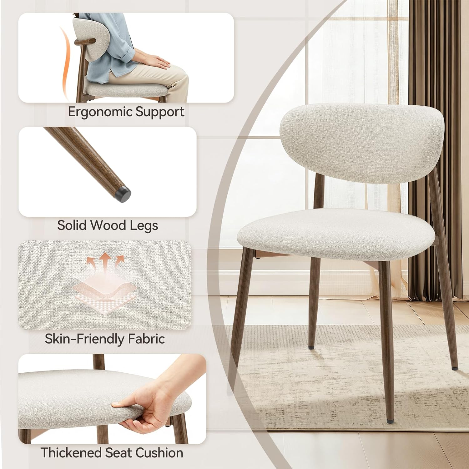 Dining Chairs Set of 4, Curved Back Kitchen Room Chairs with Metal Legs and Anti Slip Pads, Upholstered Dining Chair for Home and Restaurant, Beige