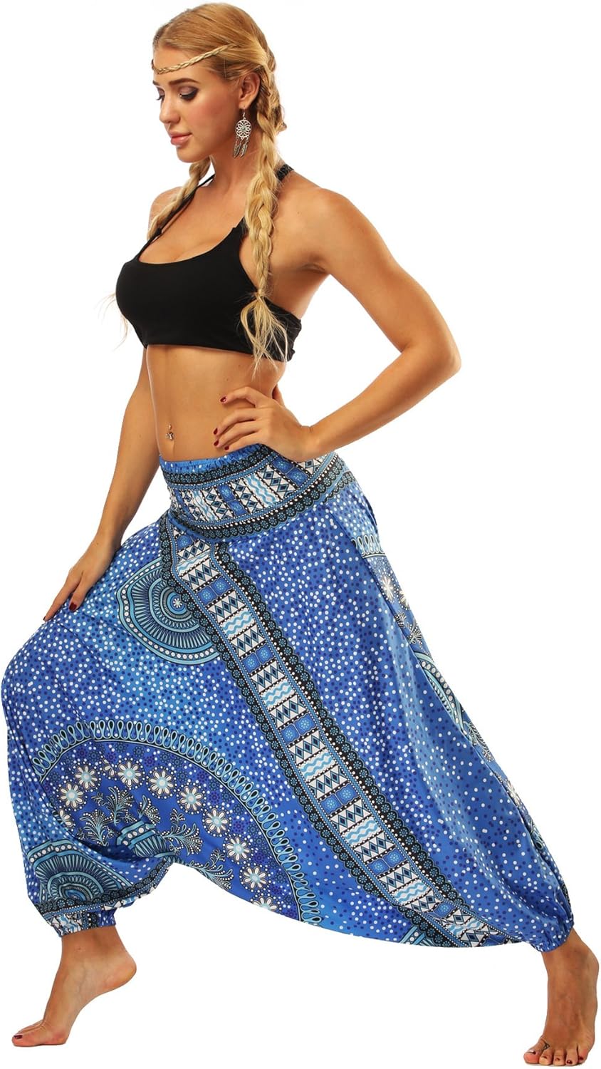 Yoga Pants Loose Women’s High Waist Loose Boho Harem Pants gym (Blue)