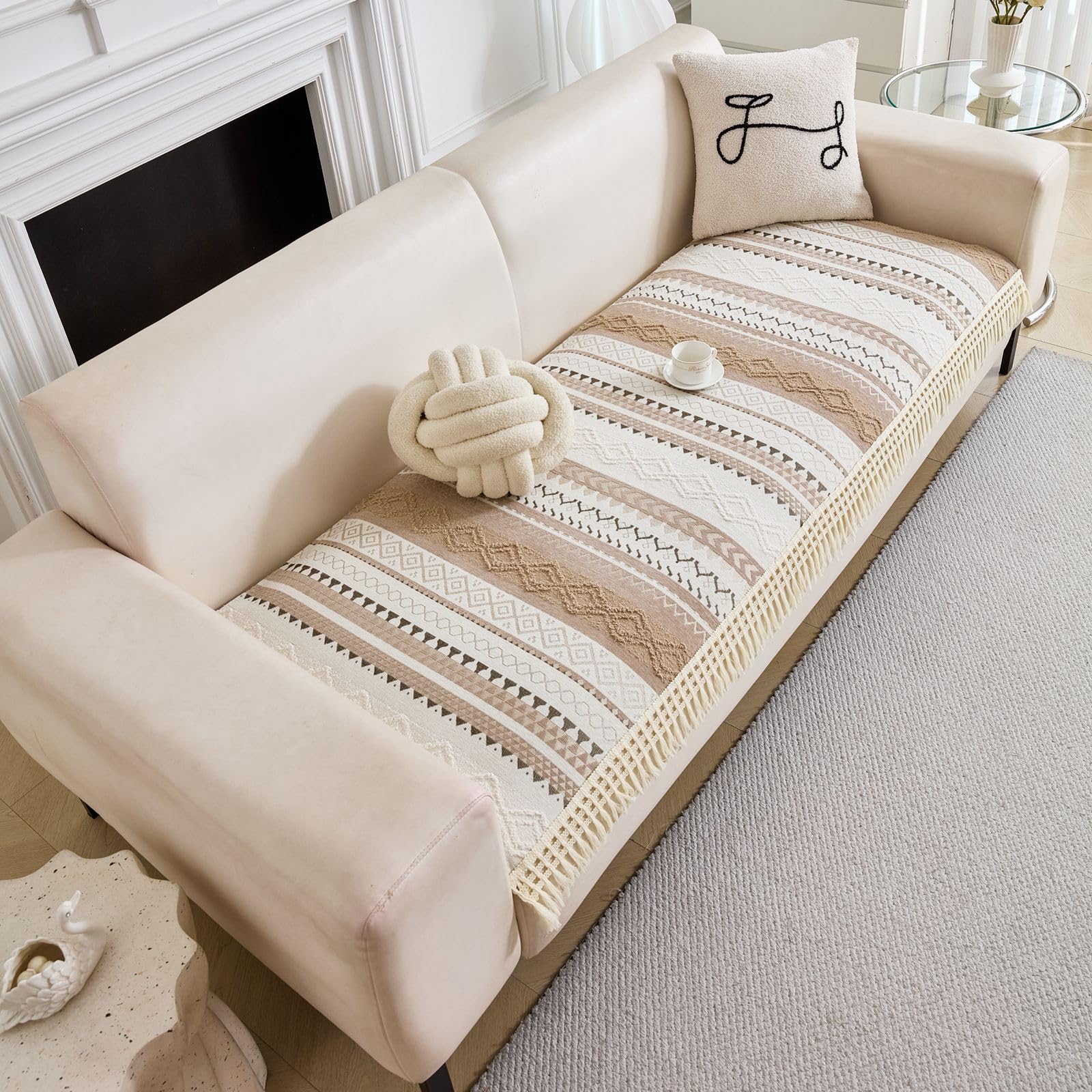 HOMETHREADS Innovative European Premium Style Anti Slip Cotton Sofa Cover Mat with PVC Backing for Non-Slip Comfort (Beige, 4 Seater | 70x210cm)