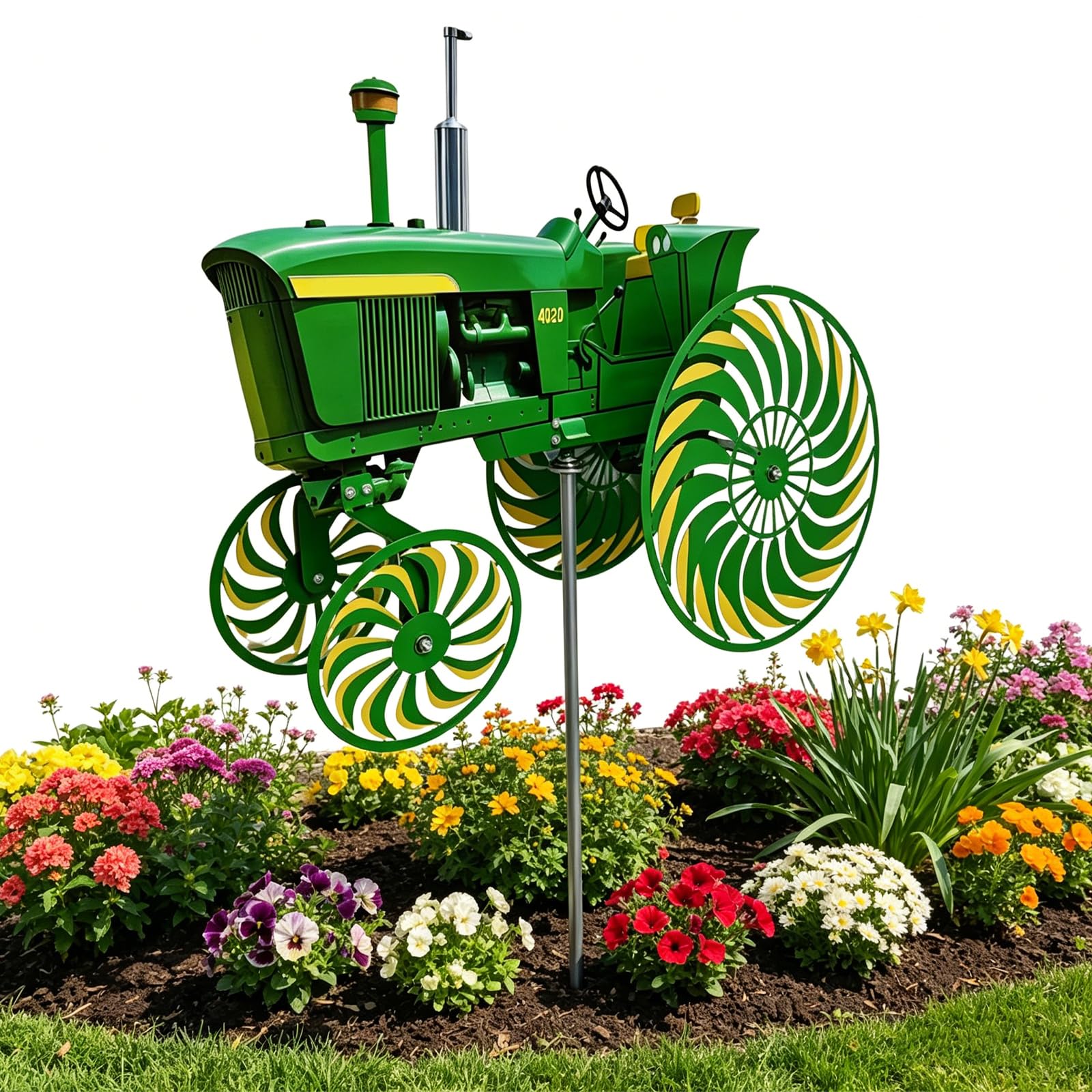Moulin à Vent de Jardin Tracteur Vert, Ornement à Piquer avec Roue Tournante, Idéale pour Terrasse, Cour et Jardin (Vert)