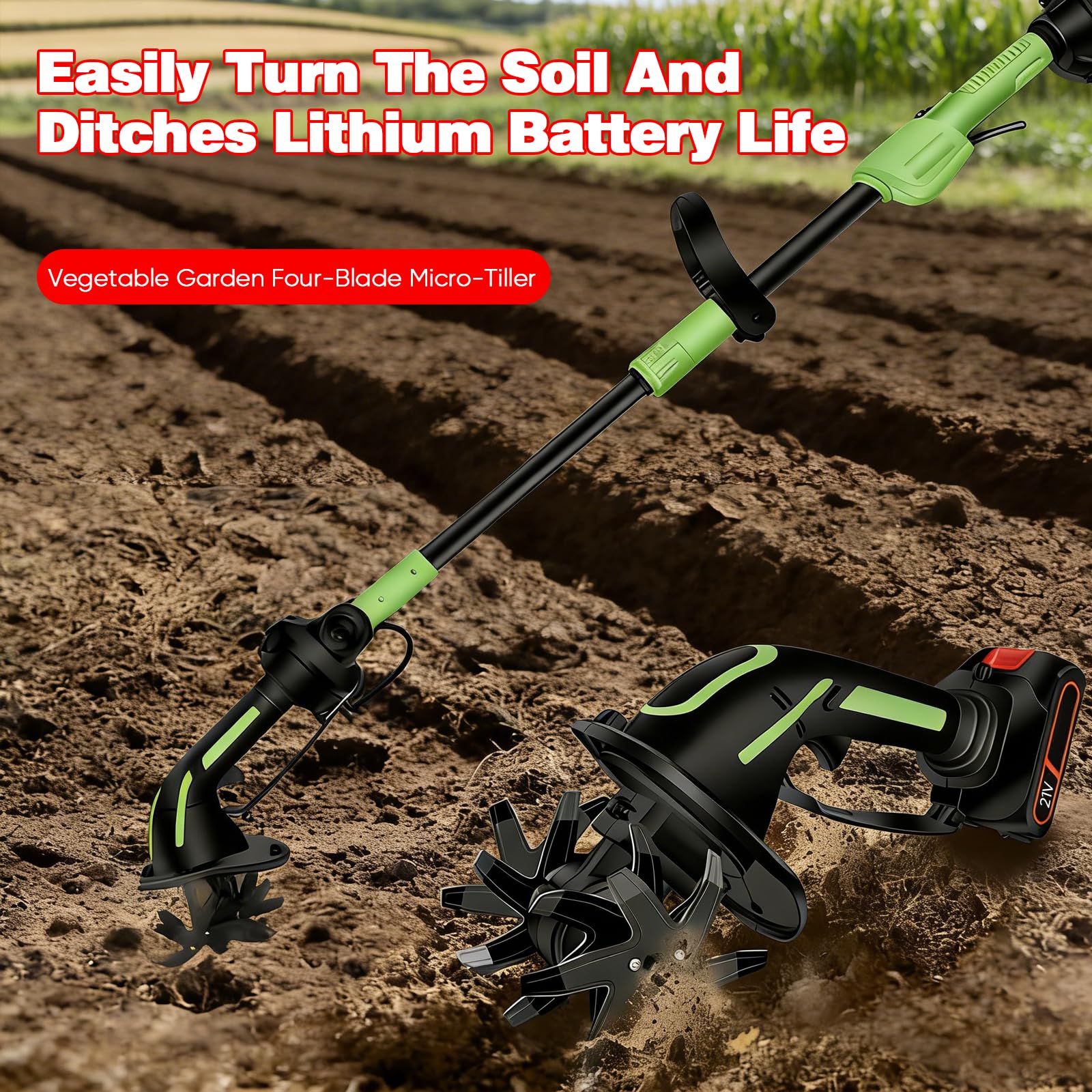 Motoazada Electrica, Mini Motoazada Portátil Varilla de extensión Desmontable de 1,3m,Ancho de Labranza 10cm, Profundidad de Labranza 10 cm Baterías 3000 mAh para Jardines y Huertos (2 Baterías)