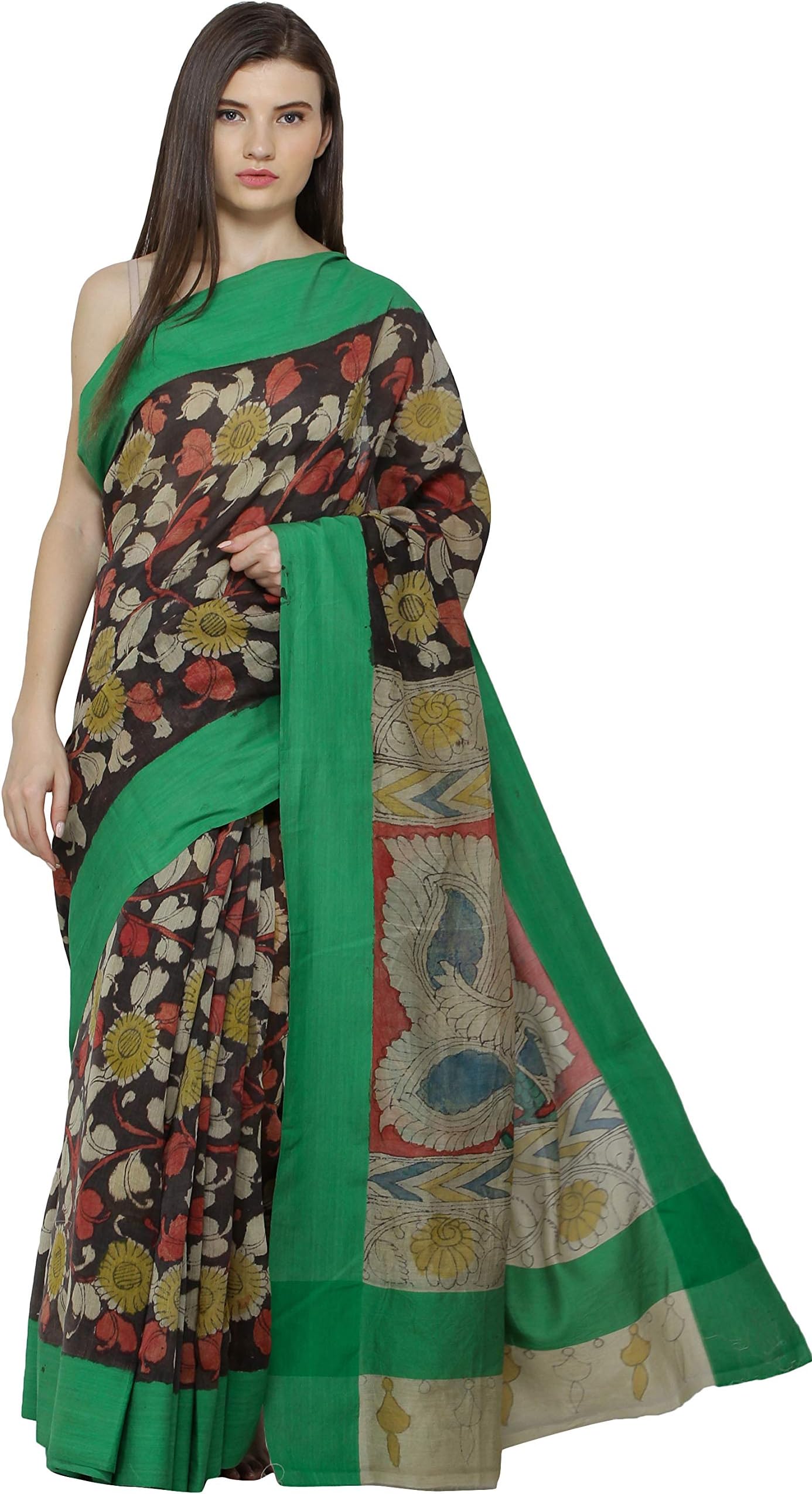 Exotic IndiaMojave and Green Kalamkari Sari from Seemandhra with Painte - Beige