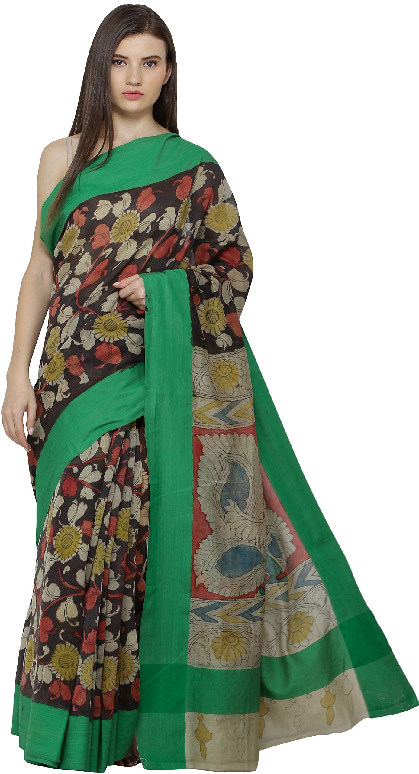 Exotic IndiaMojave and Green Kalamkari Sari from Seemandhra with Painte - Beige