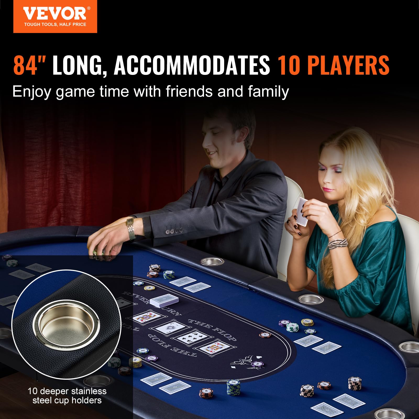 VEVOR Casino Pokertisch Klappbar 2140 x 1070 x 760 mm Schwarz Blau für 10 Spieler mit Staubschutzhülle