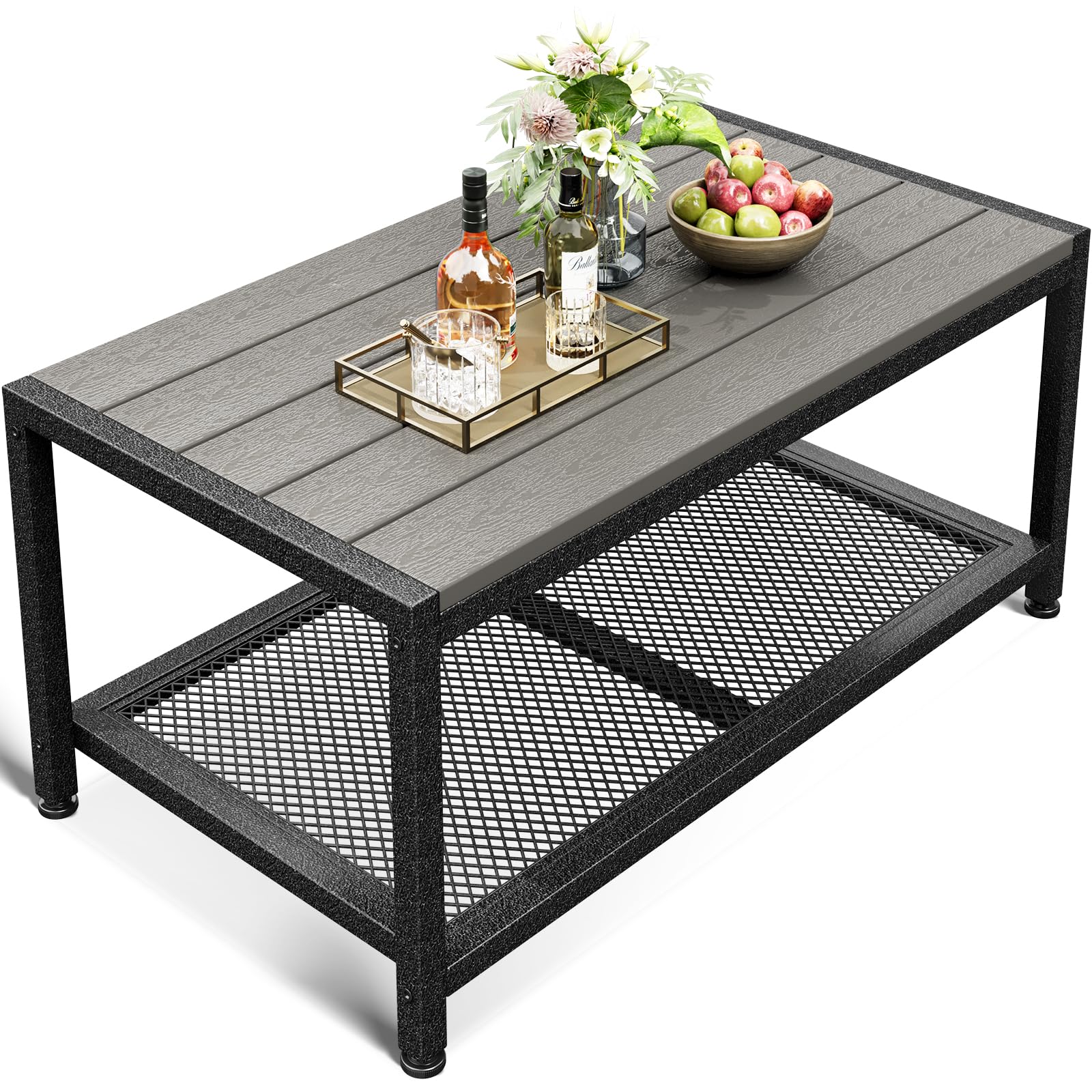 Table basse d'extérieur avec rangement double couche, rectangulaire résistante aux intempéries, cadre en métal robuste, gris