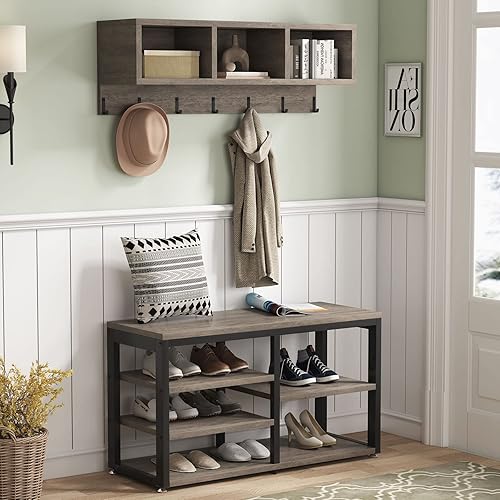 Miniatura 2 de Tribesigns Perchero y banco de zapatos industrial, árbol de pasillo con 3 cubos de almacenamiento, 7 ganchos para entrada, pasillo, diseño 5 en 1,