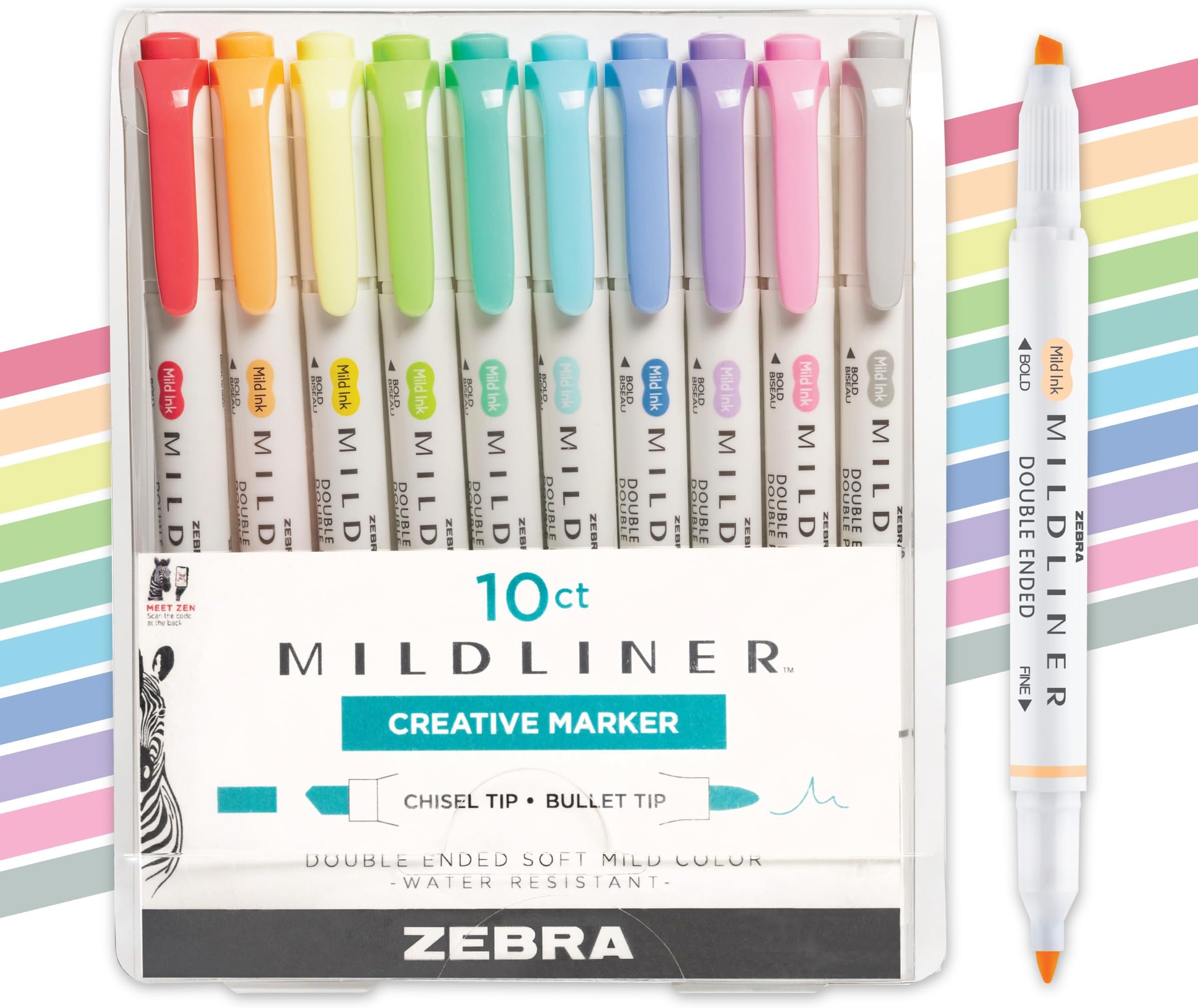 Zebra Pen Mildliner Double Ended Highlighter Set, Broad and Fine Point Tips, Assorted Fluorescent and Cool Ink Colors, 10-Pack