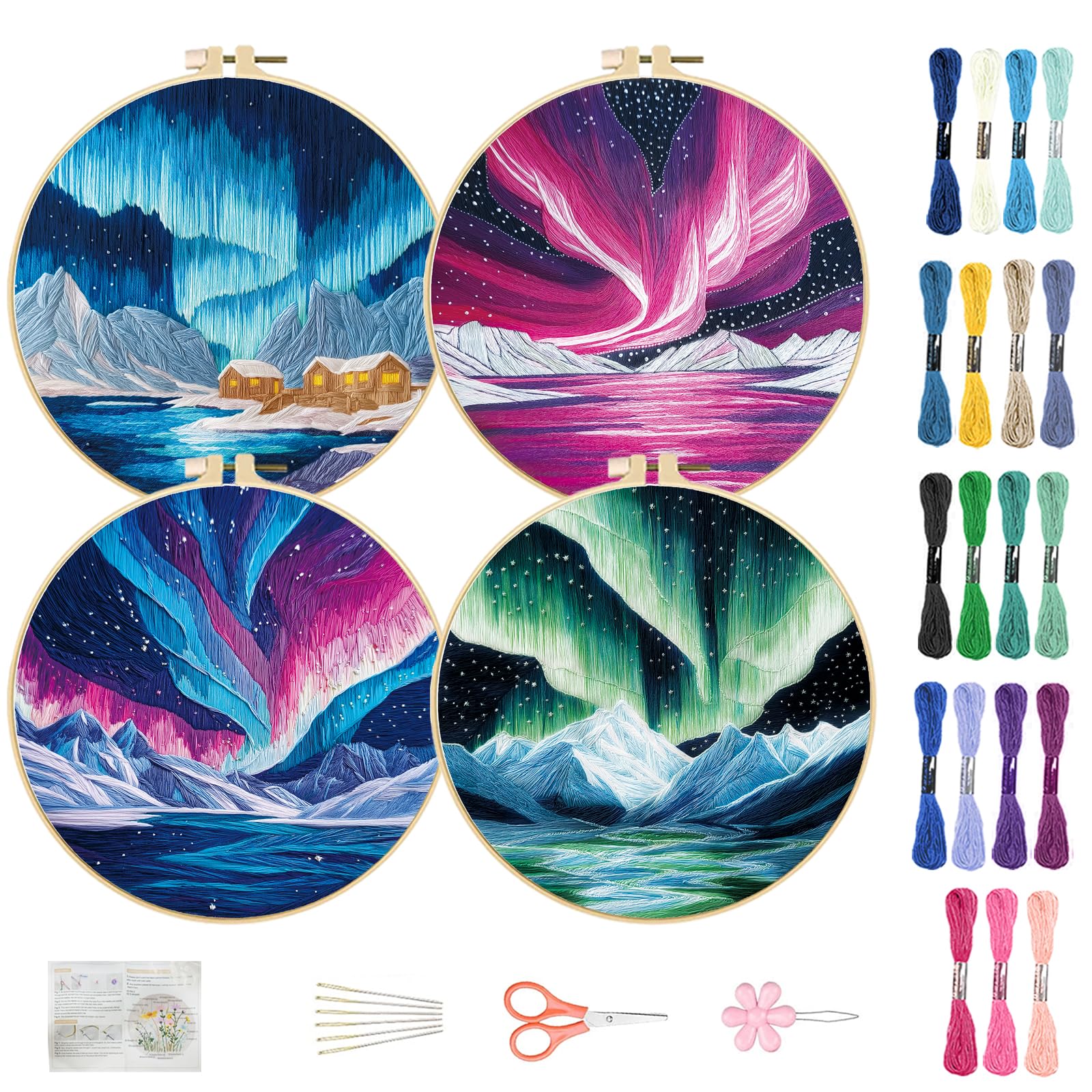 FREEBLOSS 4 Set Stickset Für Anfänger Nadelspitzenstickerei Starterset Mit Vorgedrucktem Aurora Muster Anleitung Farbige Fäden 2 Creolen 7.9"/20cm