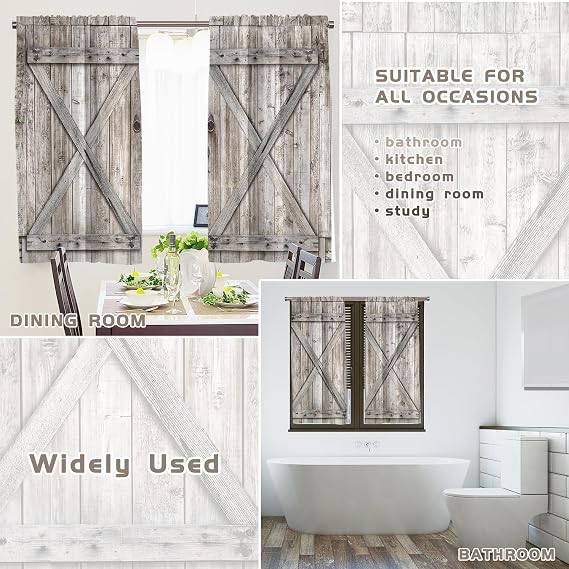 Farmhouse Western Kitchen Window Curtains Rod Pocket Small Short Cafe Wooden Barn Door Country Rustic Natural Farm House Drapes 2 Pannels for Living Bedroom Decoration Decor 27.5X39 inch