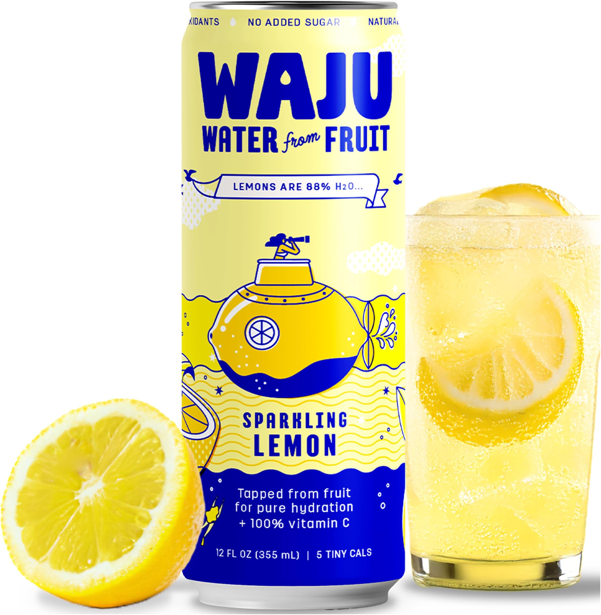 Natural Lemon Sparkling Water – Hydration from Real Fruit, No Added Sugar, Low Calorie Drink, Antioxidant & Vitamin C Rich, Organic Bubbly, Eco-Friendly Alternative to Flavored or Seltzer Water by WAJU, 12oz Cans (12-Pack)