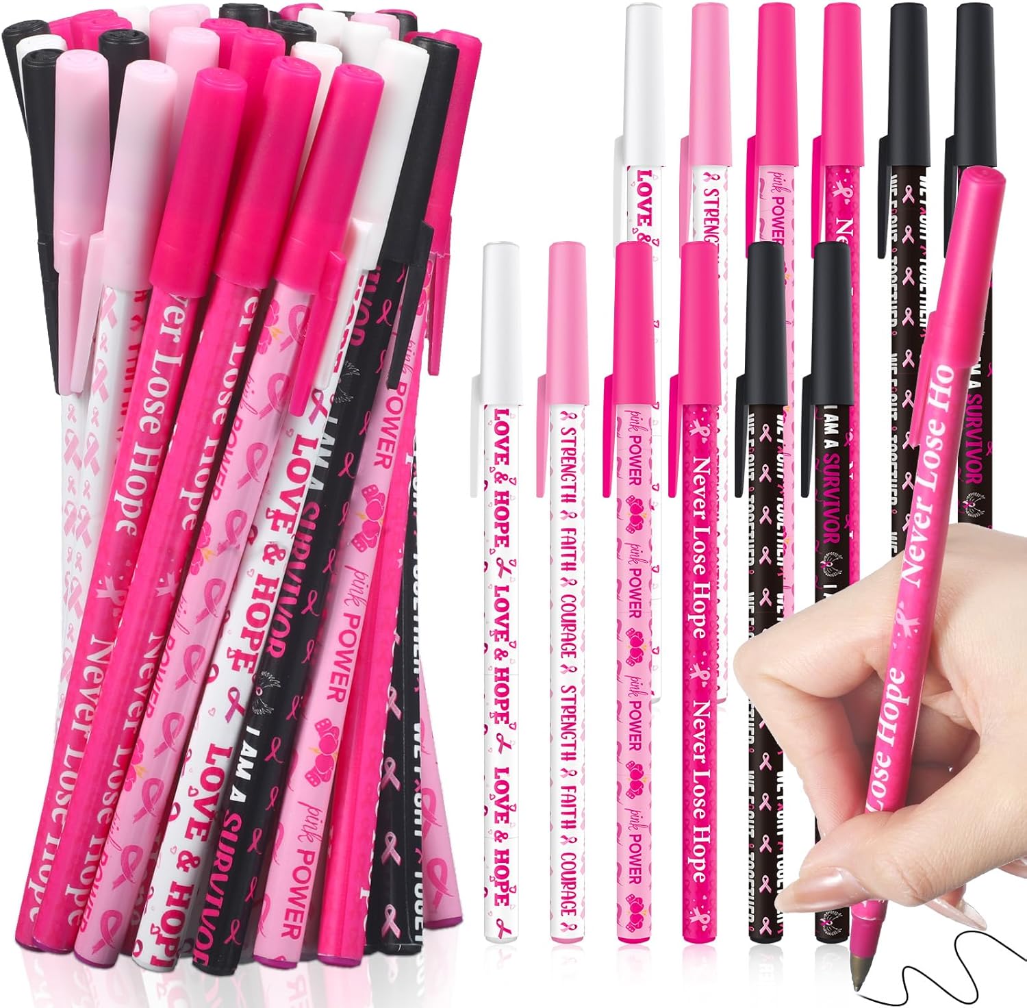Faccito 120 Pieces Breast Cancer Awareness Pens Bulk Pink Ribbon Ballpoint Pens Breast Cancer Favors Gifts Black Ink Gel Pens for Women Girls Charity Recognition Public Event School Office Supplies