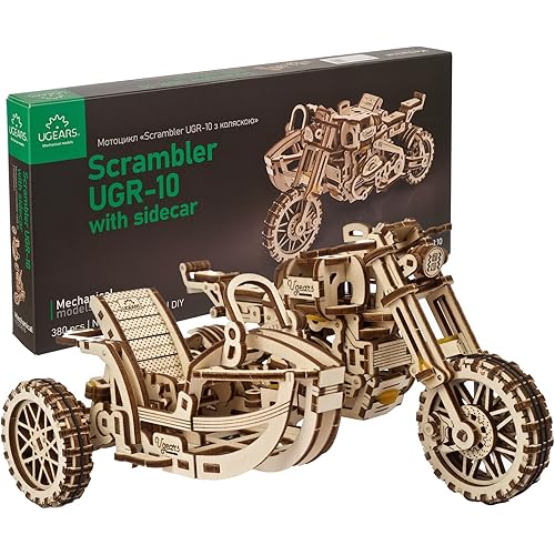 UGEARS Motorcycle with Sidecar Scrambler UGR-10 – Mechanical 3D Wooden Puzzles for Adults – DIY Model Kits for Adults with Moving Engine – Collectible Moto 3D Puzzle Model Kit - 380 Pcs