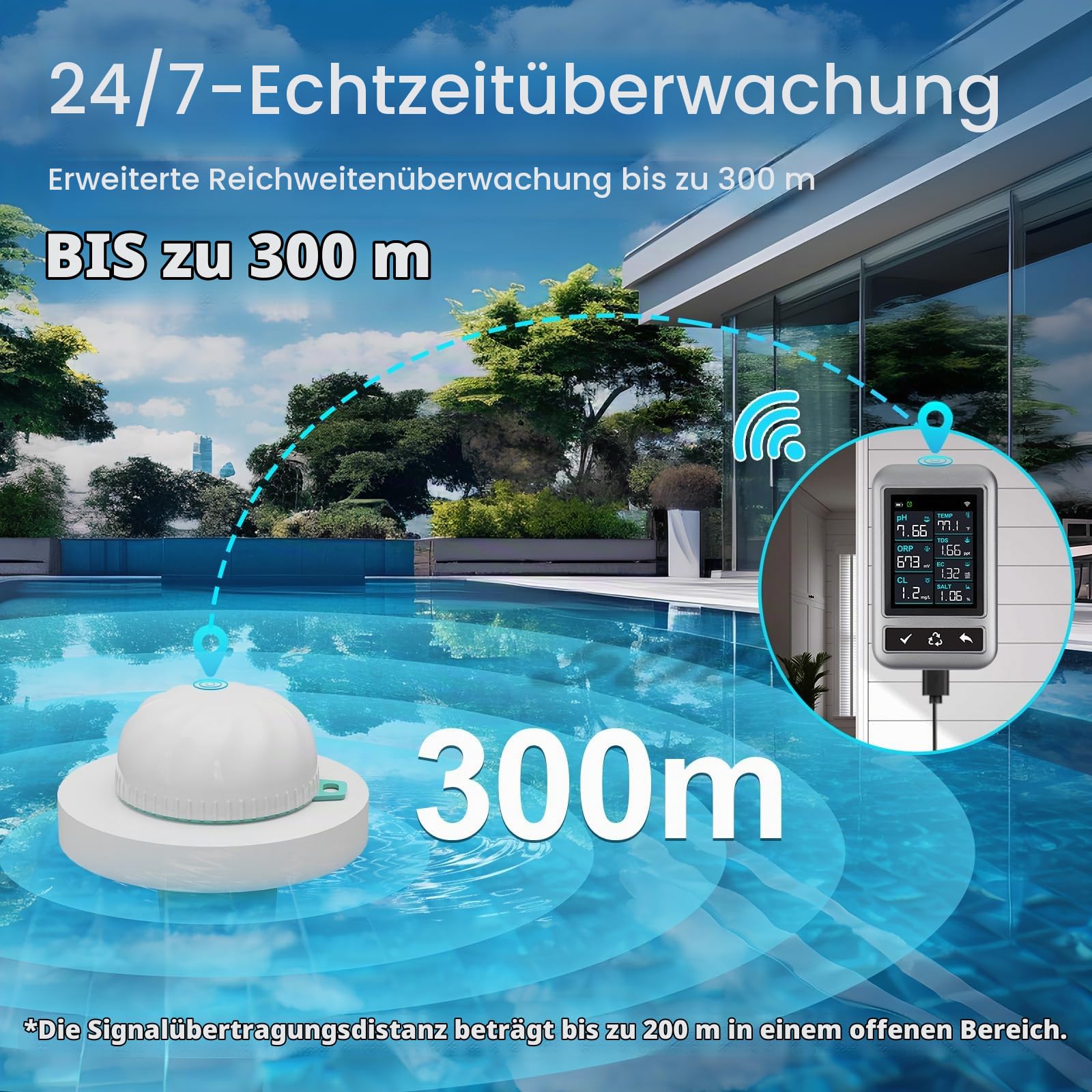 Upgrade Smart Pooltester Wiederaufladbar, 7-in-1 WLAN Wassertester mit App, Misst Chlor, pH, Salz, ORP, EC, TDS & Temperatur, Automatische Warnungen für Pool & Spa