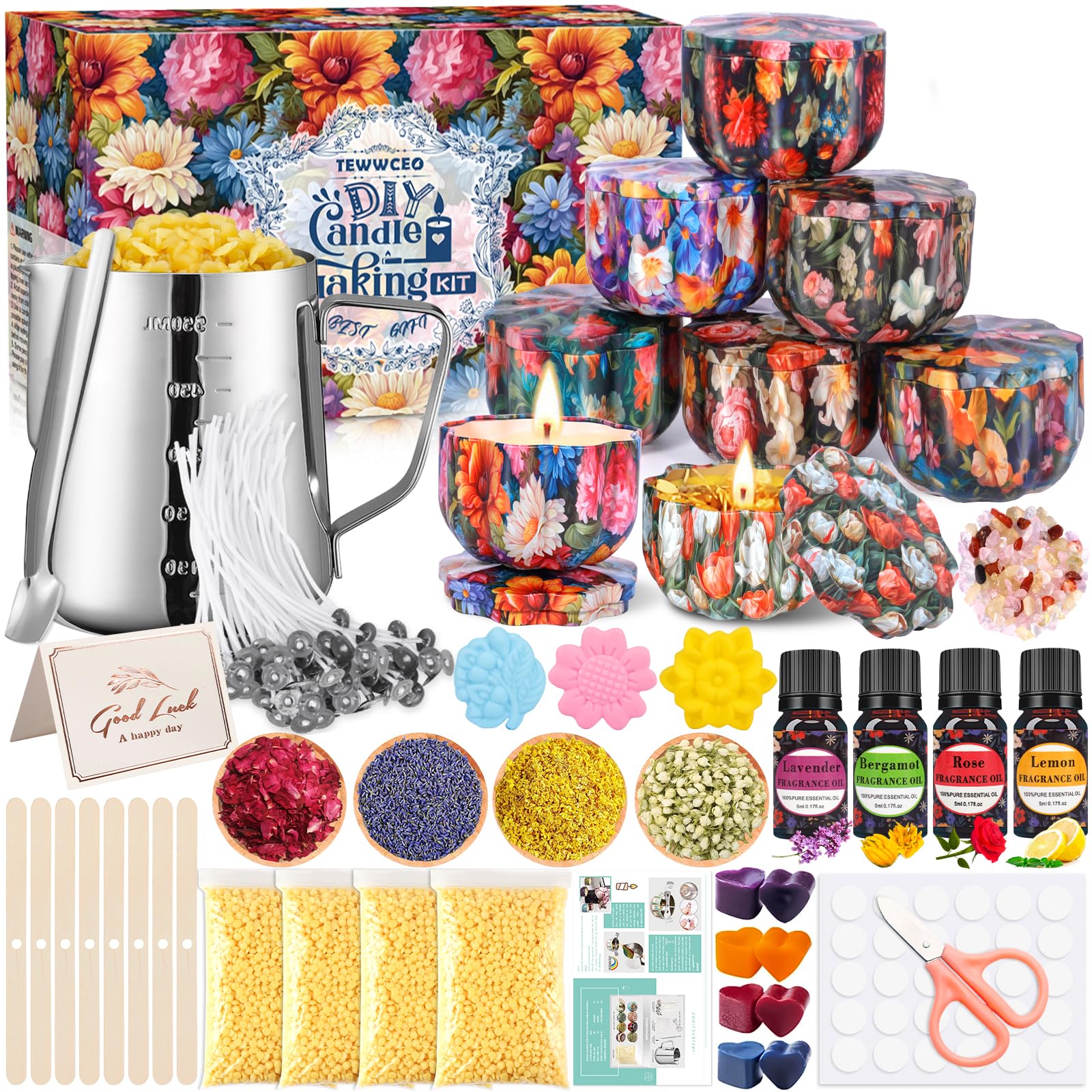 TEWWCEO Kit de Fabricación de Velas,Kit de Regalo de Velas de Perfumadas Bricolaje,Kit Para Hacer Velas con 480g Cera de Abejas,8 Tarro de Vela en Forma de Flor,8 Bloque de Color en Forma de Corazón