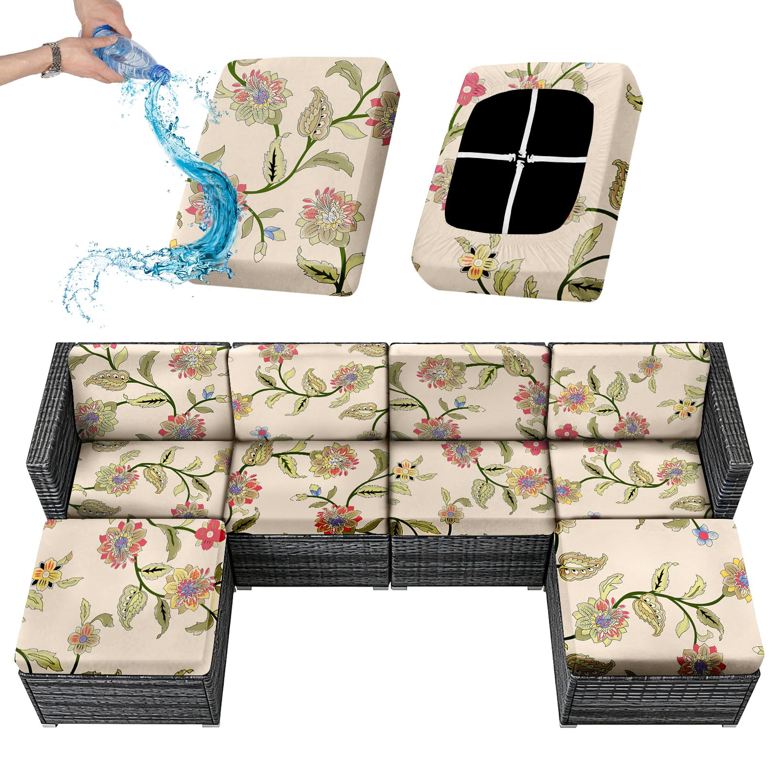 Sfcover 1/2/4/6 Pack Outdoor Sofa Cushion Covers Waterproof Stretch Garden Furniture Seat Back Cover Patio Upholstery Silpcover Replacement Set for Rattan with 4 Adjustable Laces (beige flower,2)