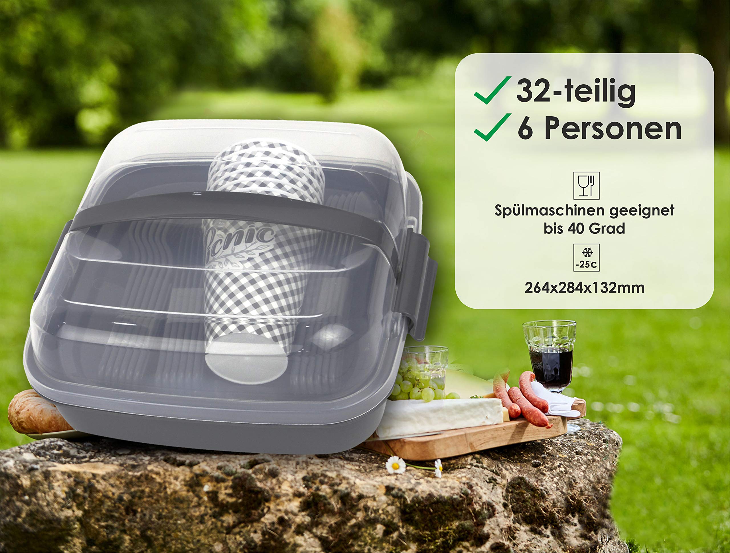 BEFA Picknick Set 6 Personen | BPA Frei | Camping Geschirr Set Gabel, Messer, Löffel, Teller, Becher | Picknickkorb | Picknicktasche