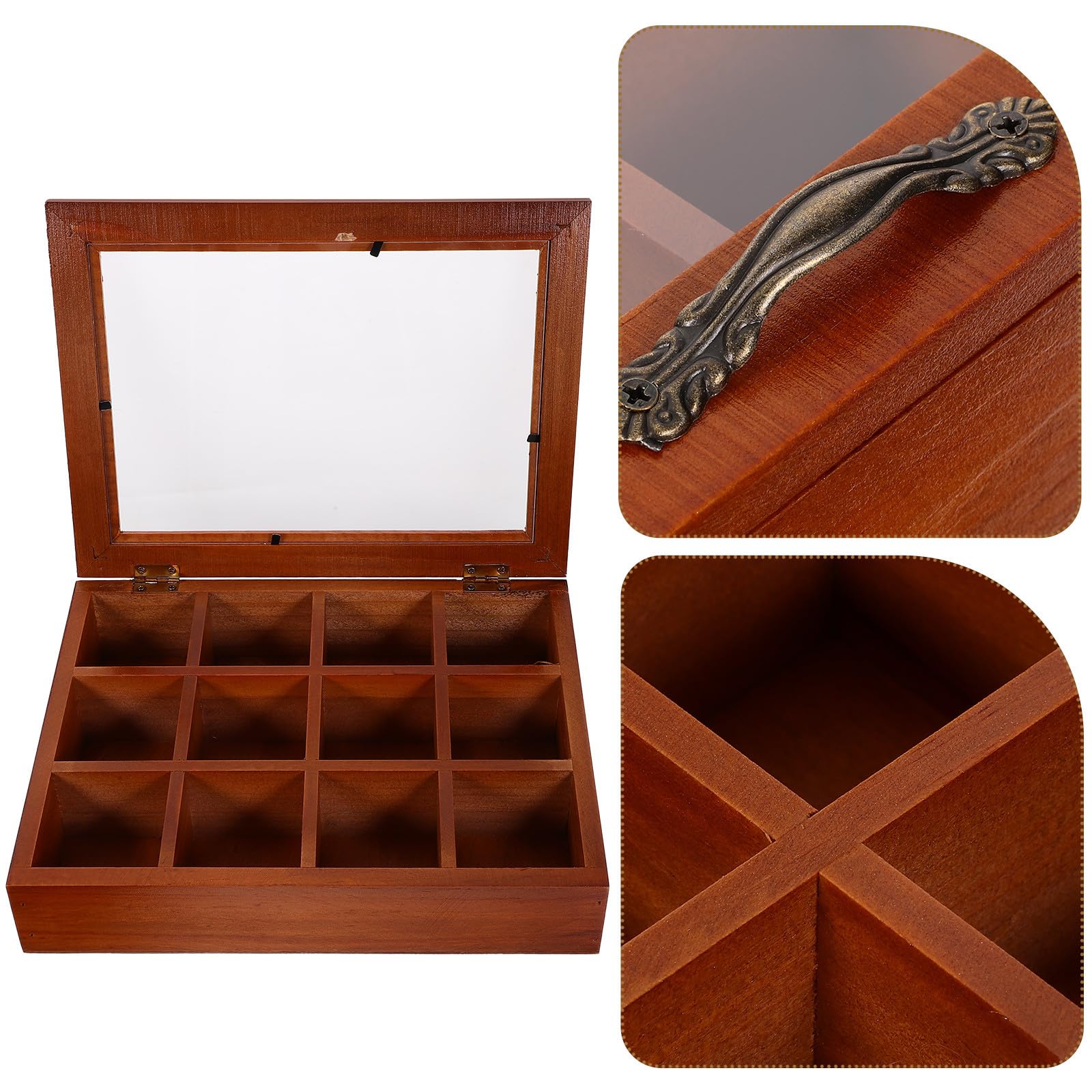 Caja de Almacenamiento de Madera Marrón con 12 Compartimentos para Bolsitas de Té, Diseño Elegante y Portátil para Área de Comedor y Decoración del Hogar