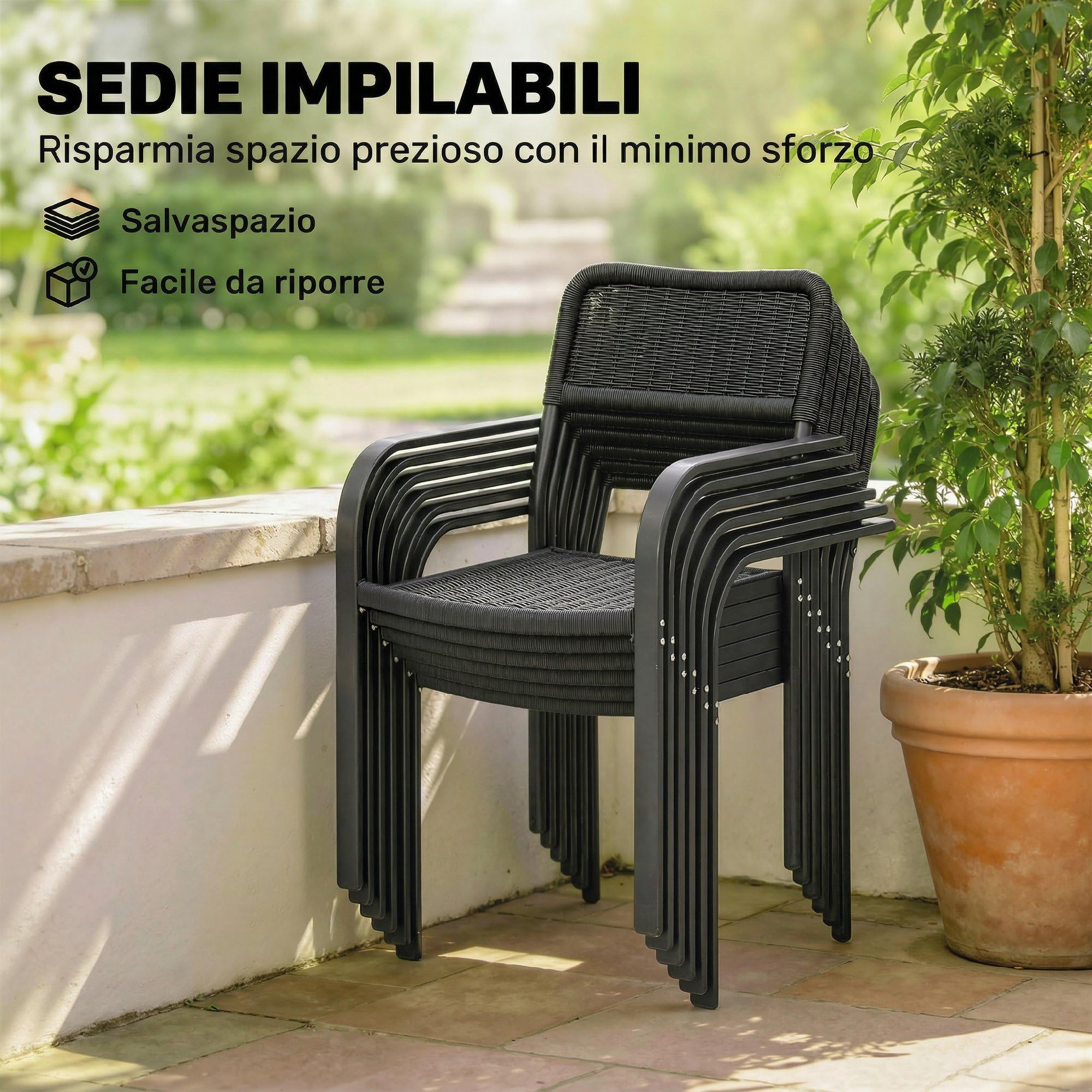 Outsunny Set Tavolo e Sedie da Giardino 7 Pezzi, Set da Pranzo Esterno con 6 Sedie Impilabili in Plastica Finto Rattan e Tavolo in Metallo Effetto Legno, Nero
