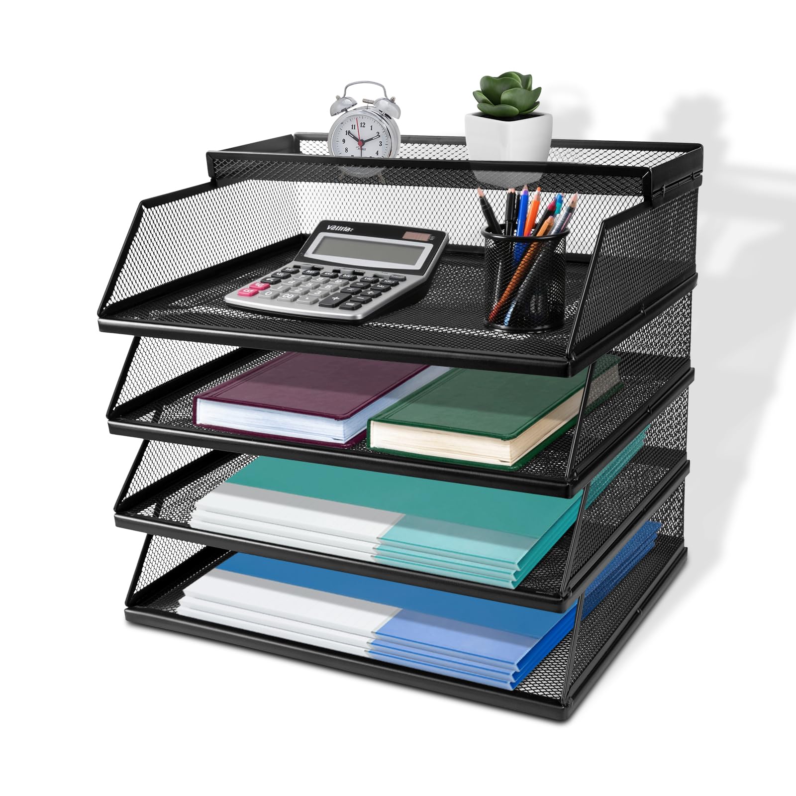 Dokumentenablage A4 Stapelbare Briefablage mit 5 Fächern (32 x 25 x 30 cm), Papierablage Schreibtisch Organizer, Aktenablage Ablagesystem für Büro und Arbeitszimmer, Schwarz