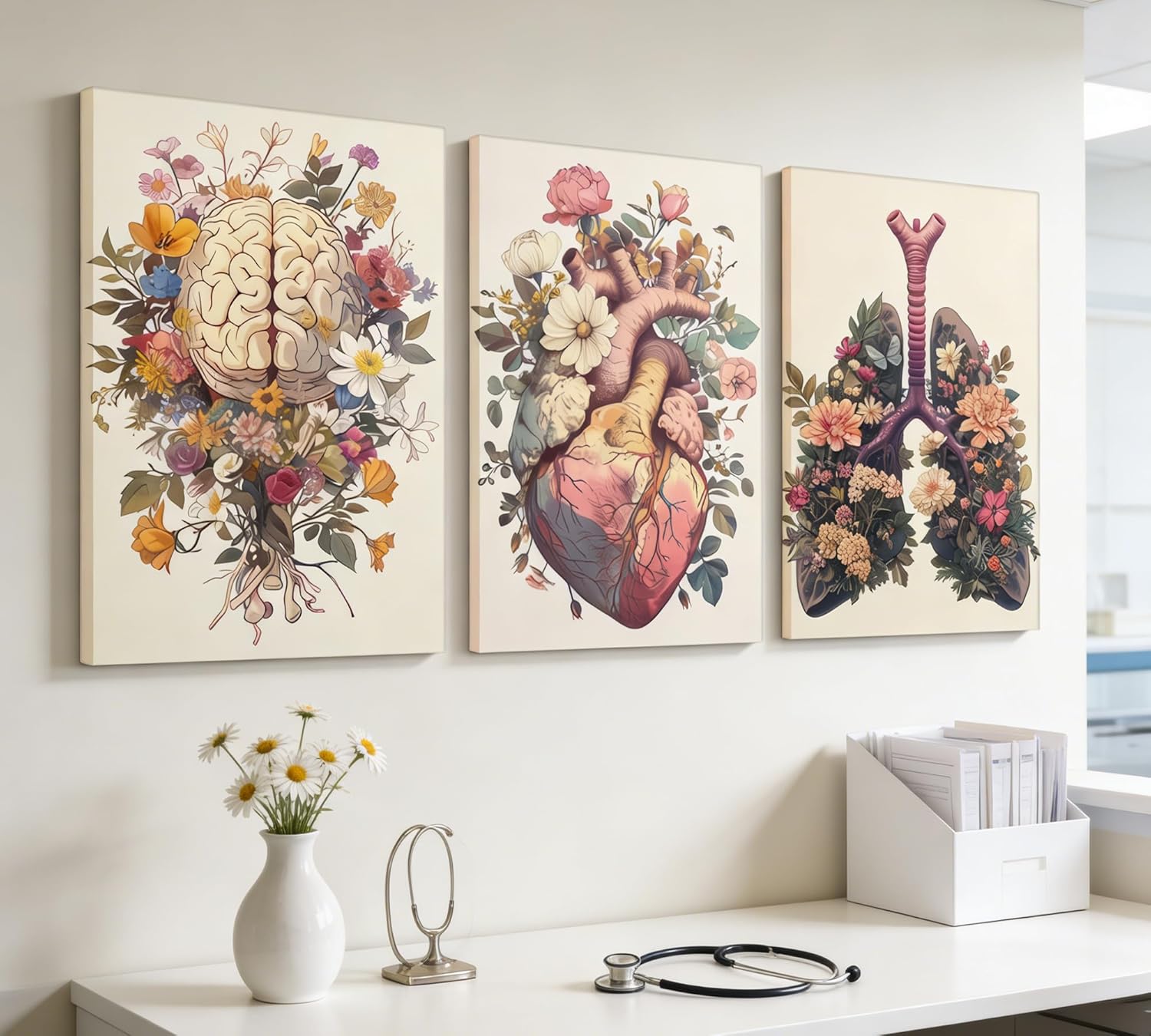 Medical Human Anatomy Canvas Wall Art Vintage Floral Heart Painting Picture Wall Decor Colorful Heart Lungs Brain Aesthetic Poster Print Artwork for Doctor Nurse Office Clinic Hospital Decoration