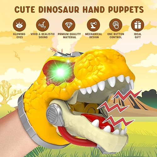 Miniatura 2 de T-Rex - Marionetas de mano de dinosaurio con ojos brillantes y sonidos vivos, marionetas de mano de dinosaurio para niños con boca móvil, 4 figuras