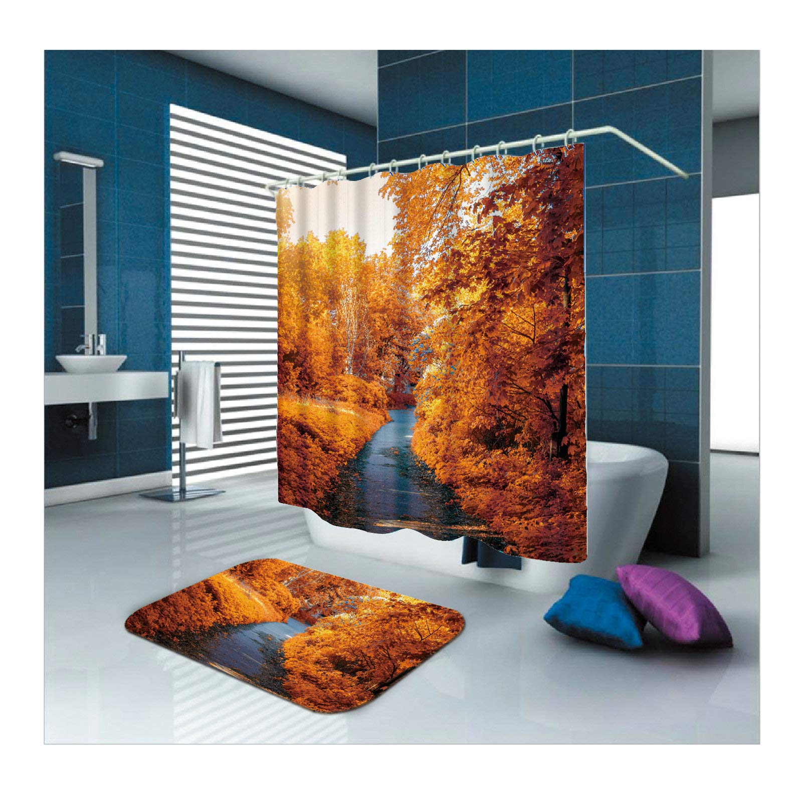 Daesar Dywaniki łazienkowe pod prysznic 40 x 60 drzewka jesienią 180 x 180 cm zasłona łazienkowa w stylu vintage, 2-częściowy zestaw