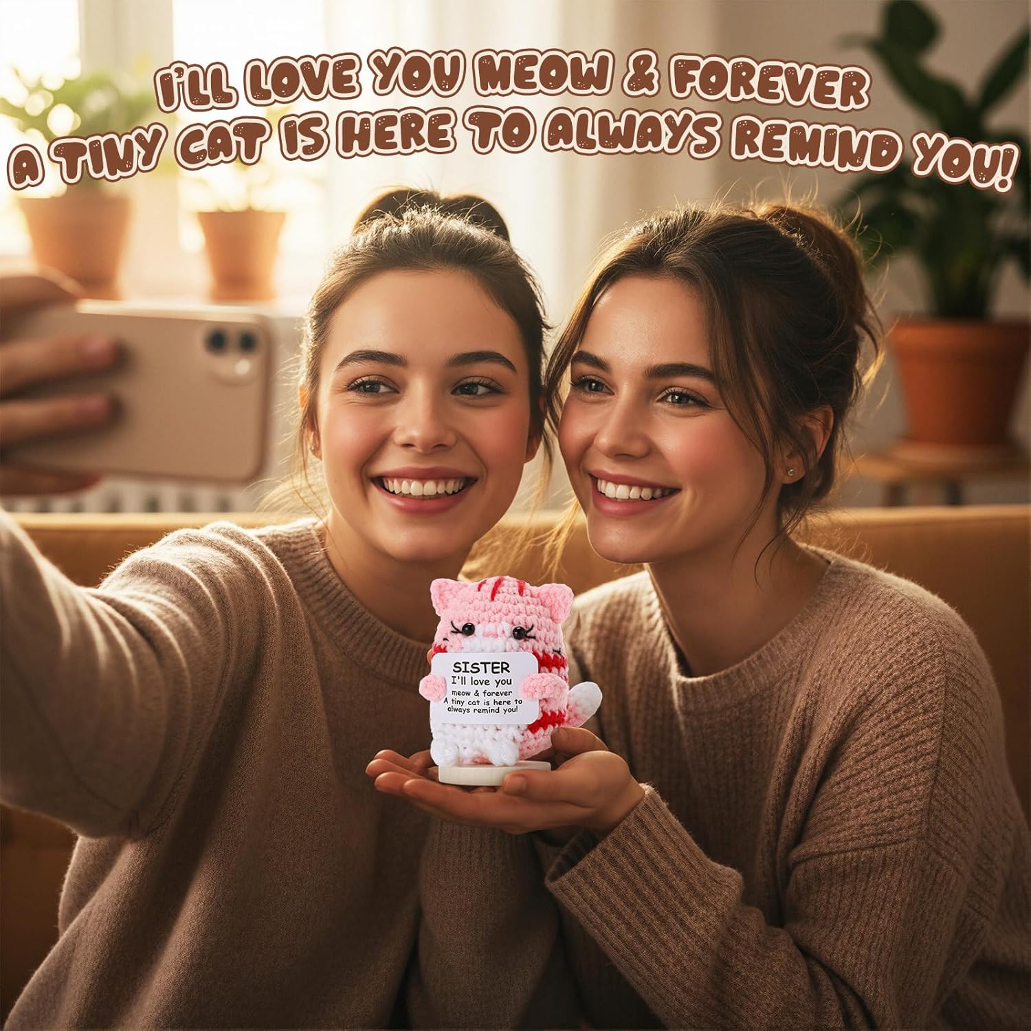 Peryiter Positive Cute Crochet Cat Gifts for Sister Mini Funny Support Knitted Animals with Wood Base Emotional Birthday Gifts Basket Stuffers Desk Decor - Image 4