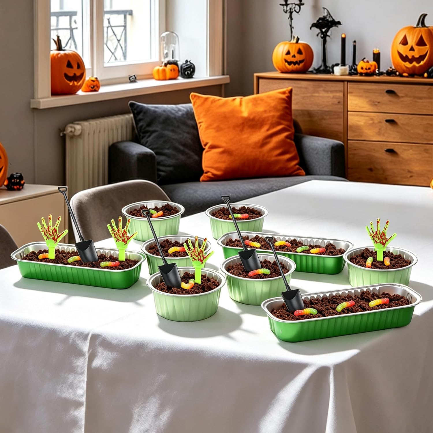 36 PCS Halloween Cupcake Toppers Green Zombie Hands Cupacke Picks Baking Pans Cups with Lids Novelty Mini Shovel Spoons Cake Decorations for Halloween Horror Movie Theme Zombie Birthday Party Supplies image 5