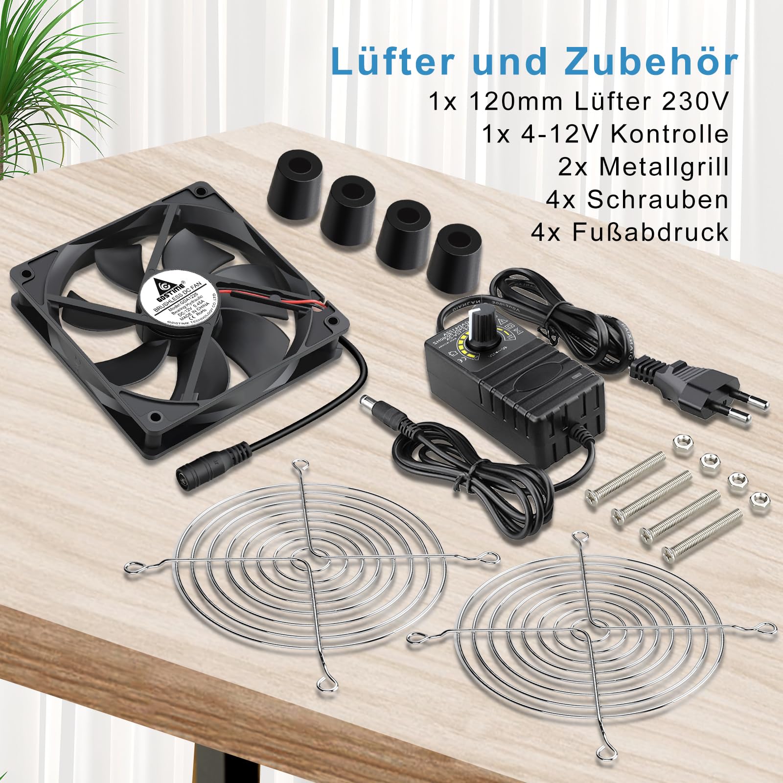 GDSTIME 120mm Lüfter 230V 120 x 120 PC Computer Lüfter 220V 120mm Gehäuselüfter mit DC 4V - 12V Einstellbare Geschwindigkeiten Kontrolle für Laptop TV Box Router Schrank Wechselrichter