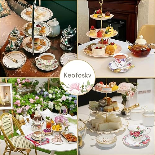 Miniatura 6 de Tazas de té y platillos, juego de tazas de café de porcelana floral de hueso de 7.5 onzas con cuchara, tazas de té de jardín vintage con ribete