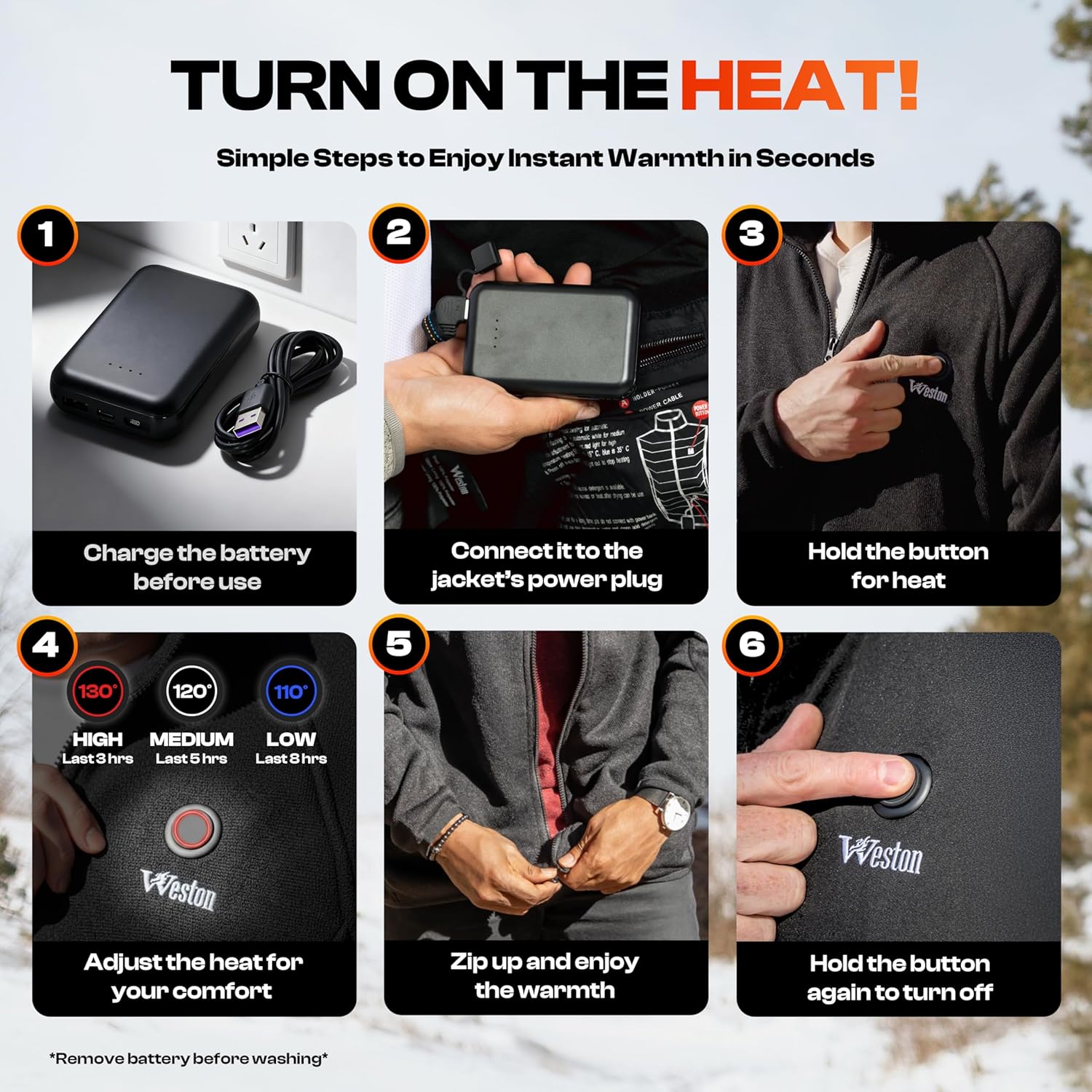 Weston Men’s Heated Jacket, 4 Heating Zones, 7.4V, 4800 mAH Rechargeable Battery | Water Resistant Heated Jackets for Men - Image 4