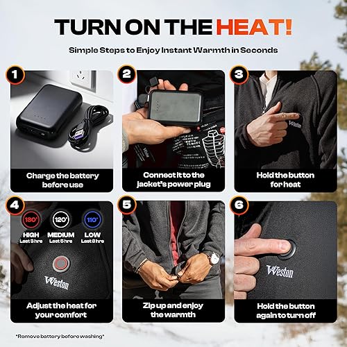 Miniatura 4 de Weston Chaqueta térmica para hombre, 4 zonas de calefacción, batería recargable de 7.4 V, 4800 mAH Chaquetas térmicas resistentes al agua