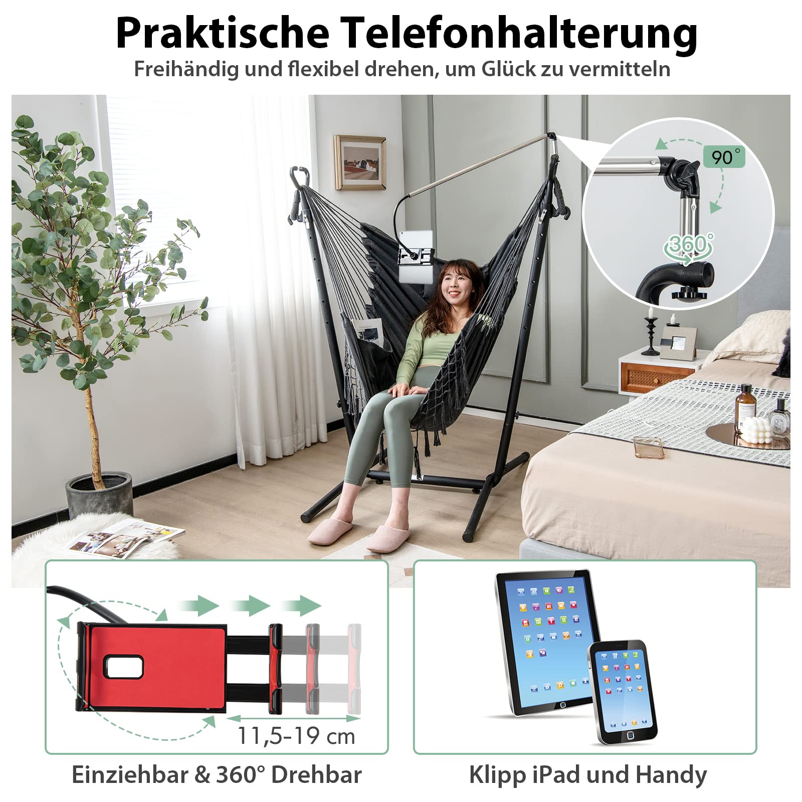 COSTWAY Hängesessel mit Gestell, höhenverstellbarer Hängesitz mit Handyhalter, Kissen & Seitentasche, Hängestuhl Hängeschaukel bis 250 kg belastbar, Hängesesselgestell für Indoor & Outdoor (Grau)