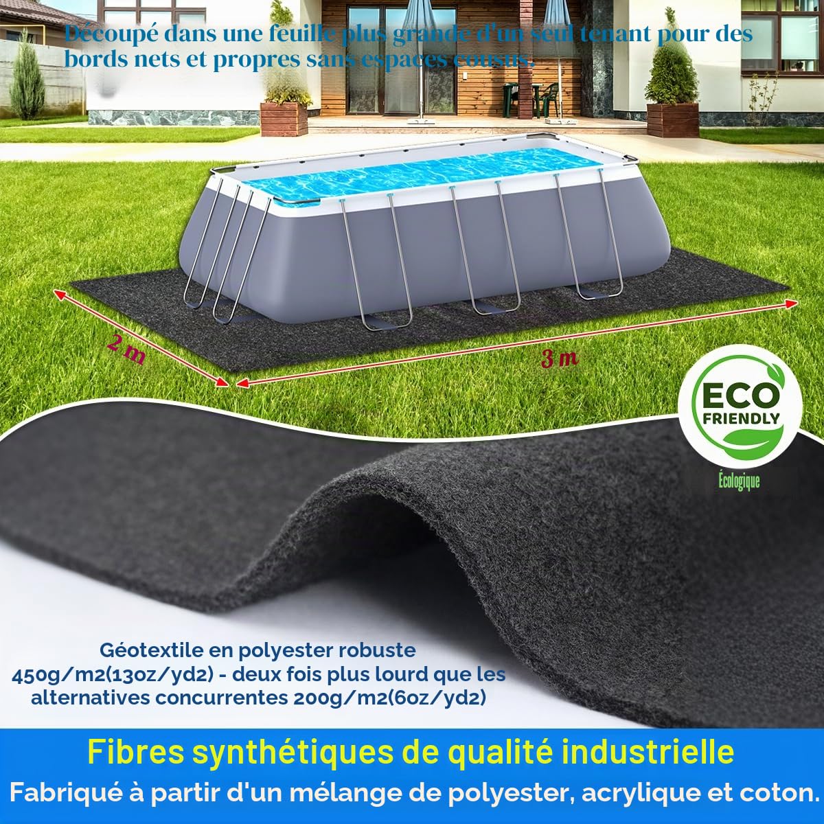 Tapis de piscine rectangulaire extra-épais pour piscine hors sol, 1,98 x 3,05 m, confort sans couture sous les pieds, tapis en fibre synthétique noire de qualité industrielle résistant aux