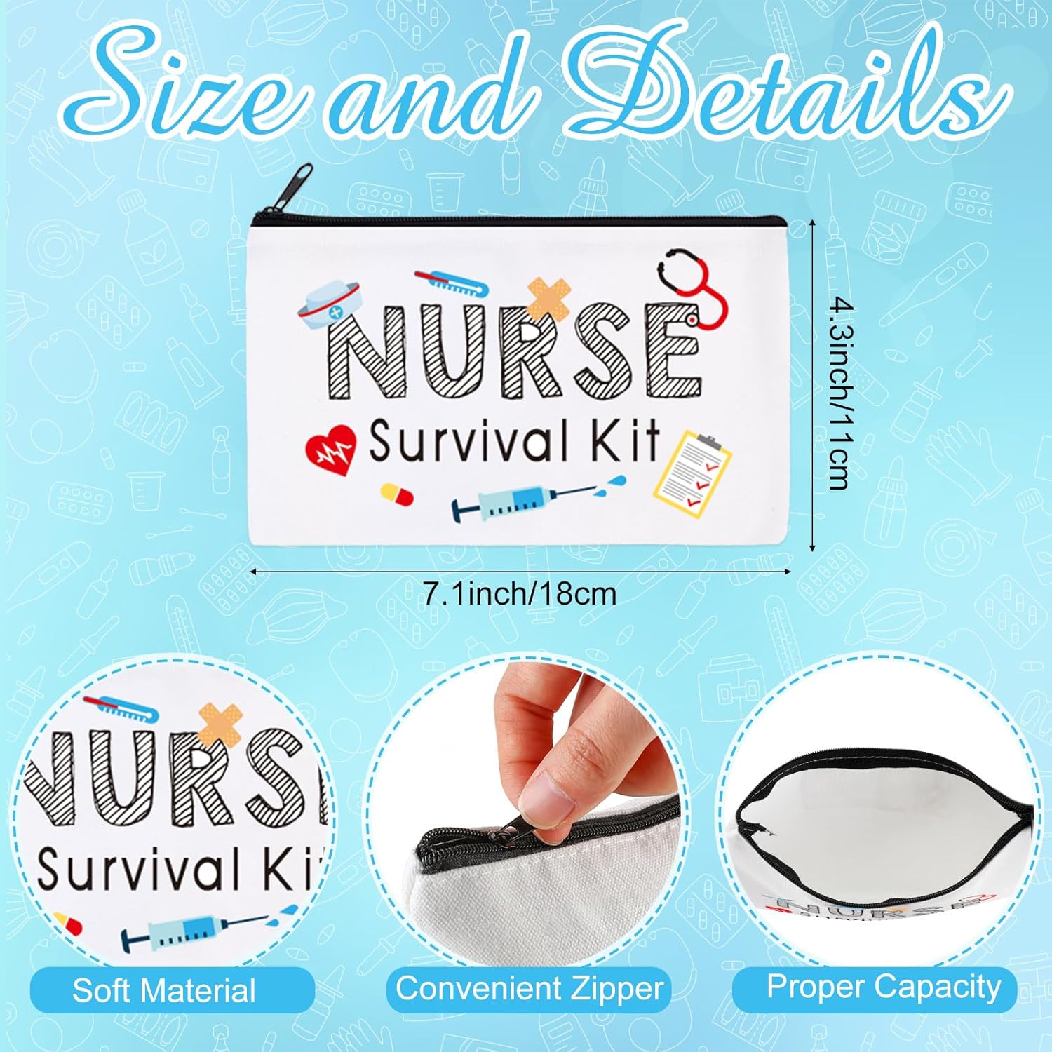 Abbylike 50 Pieces Nurse Gift Bag Survival Kit Makeup Bags Canvas Multi Purpose Zipper Pouch Funny Travel Bag for Birthday Nurse Week Practitioner Gifts for Women, 7.09 x 4.33 Inch(White)