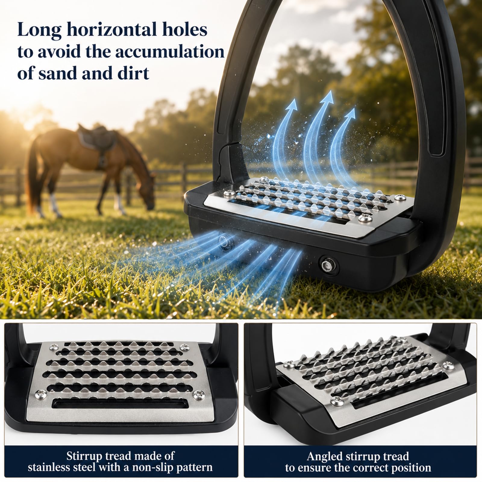 Estribos de seguridad para adultos, 12 cm de aluminio con liberación lateral, superficie antideslizante de acero inoxidable, estribos para paseos a caballo, doma, saltar y principiantes