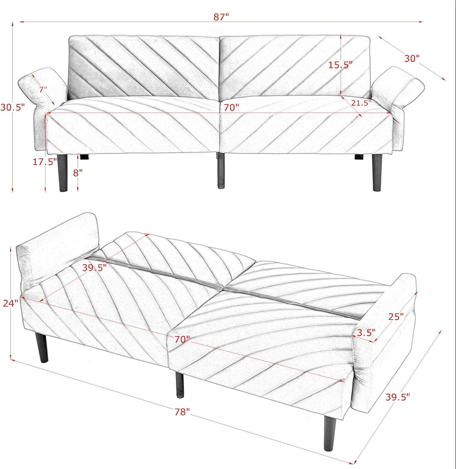 Convertible Velvet Futon Couch with Adjustable Armrests - Mid-Century Modern Folding Sofa Bed for Apartments, Comfortable Recliner with Extended Sleeper Area