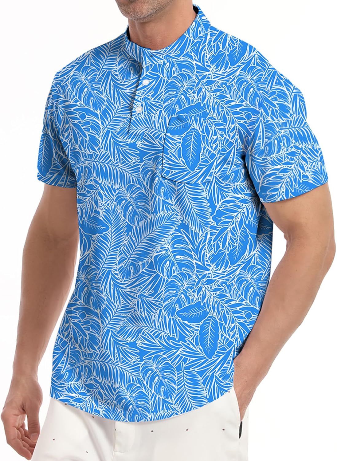 Golf Shirts for Men Printed Henley Shirts Collarless Golf Polo Shirt Short Sleeve with Pocket