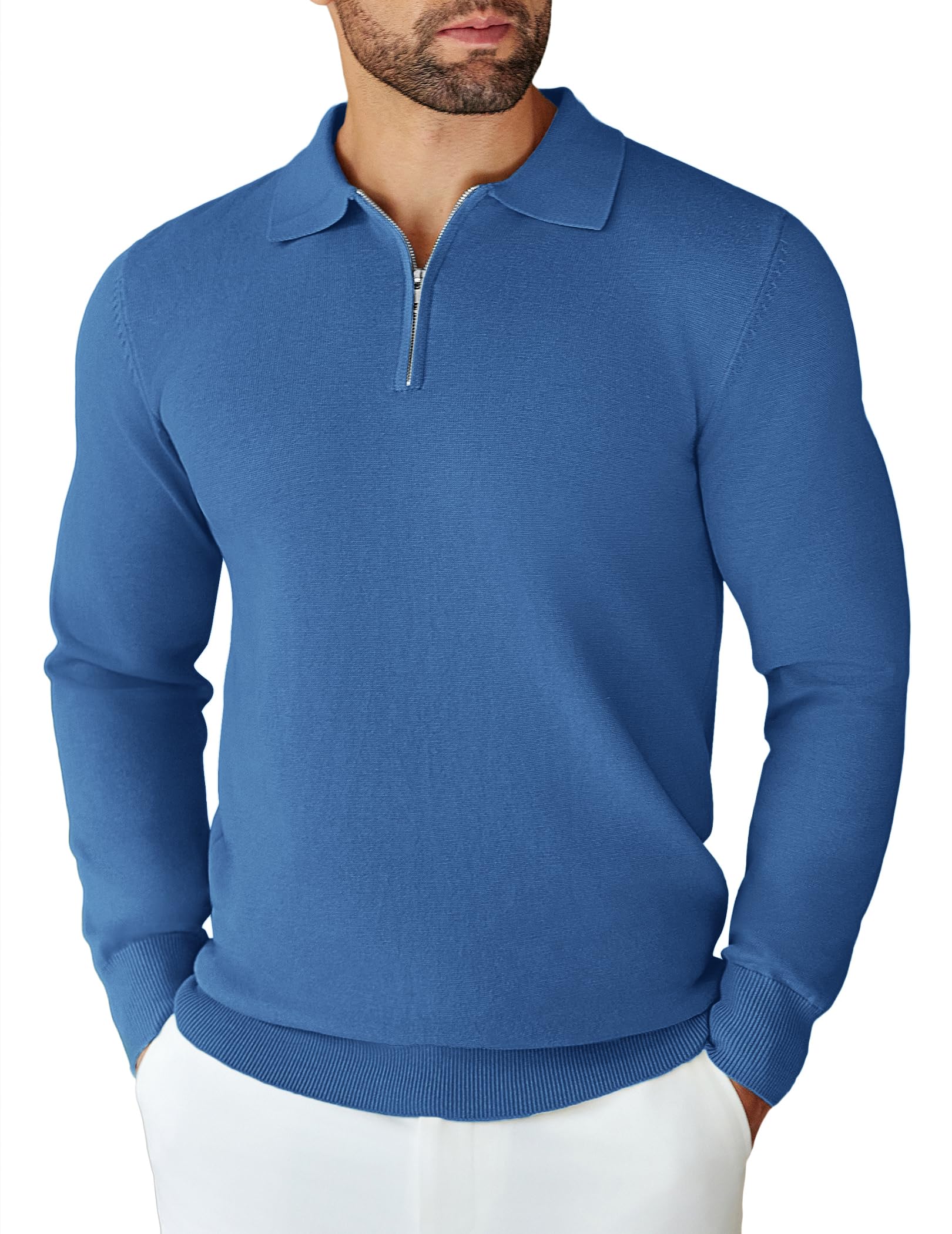 COOFANDY Herren Strickpullover Polokragen Half Zip Pullover mit Reißverschluss Einfarbig Polo Sweater Winter Warm Langarm für Business Freizeit
